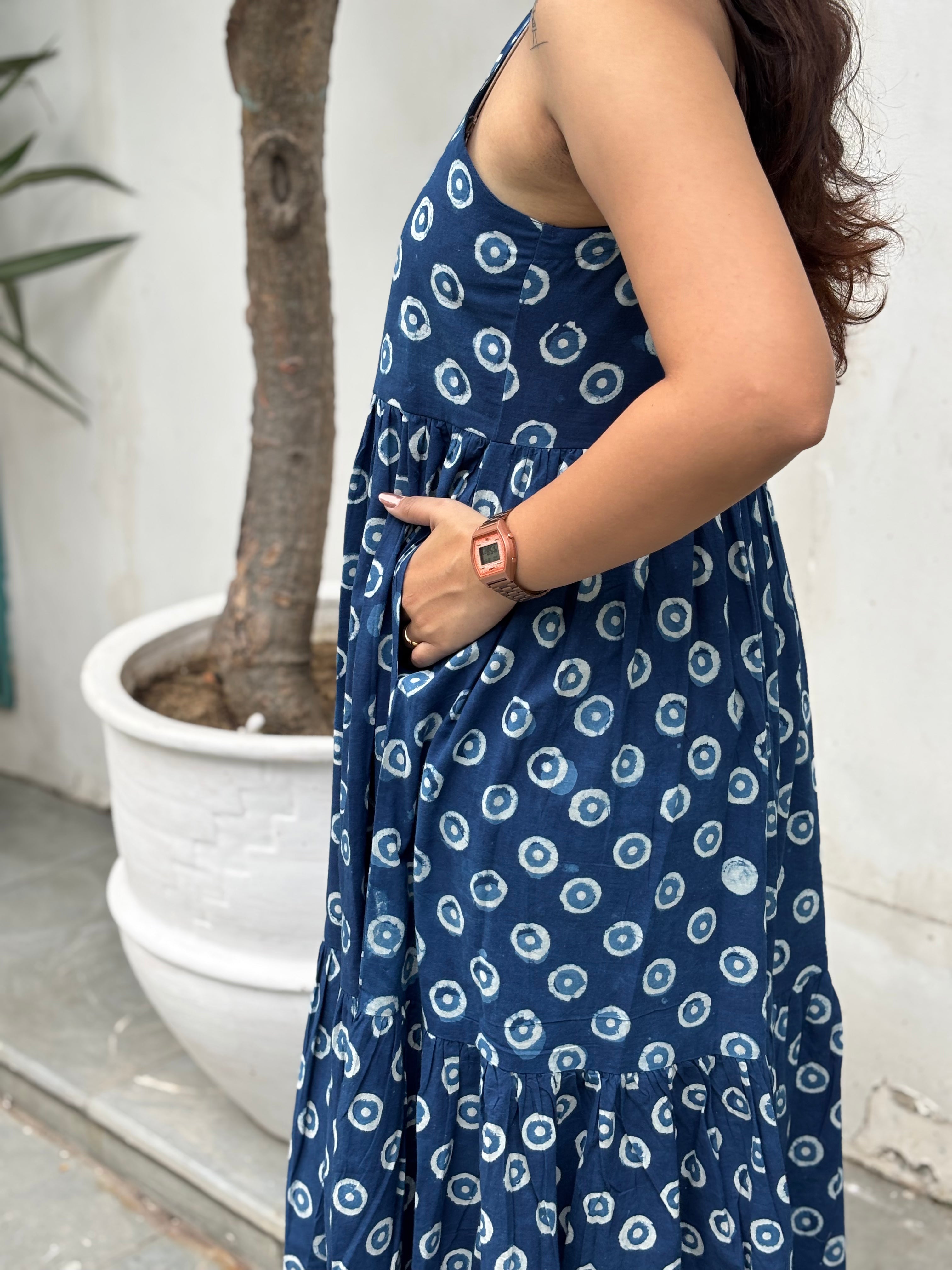 Tashi Indigo Hand Block Print Cotton Halter Neck Dress