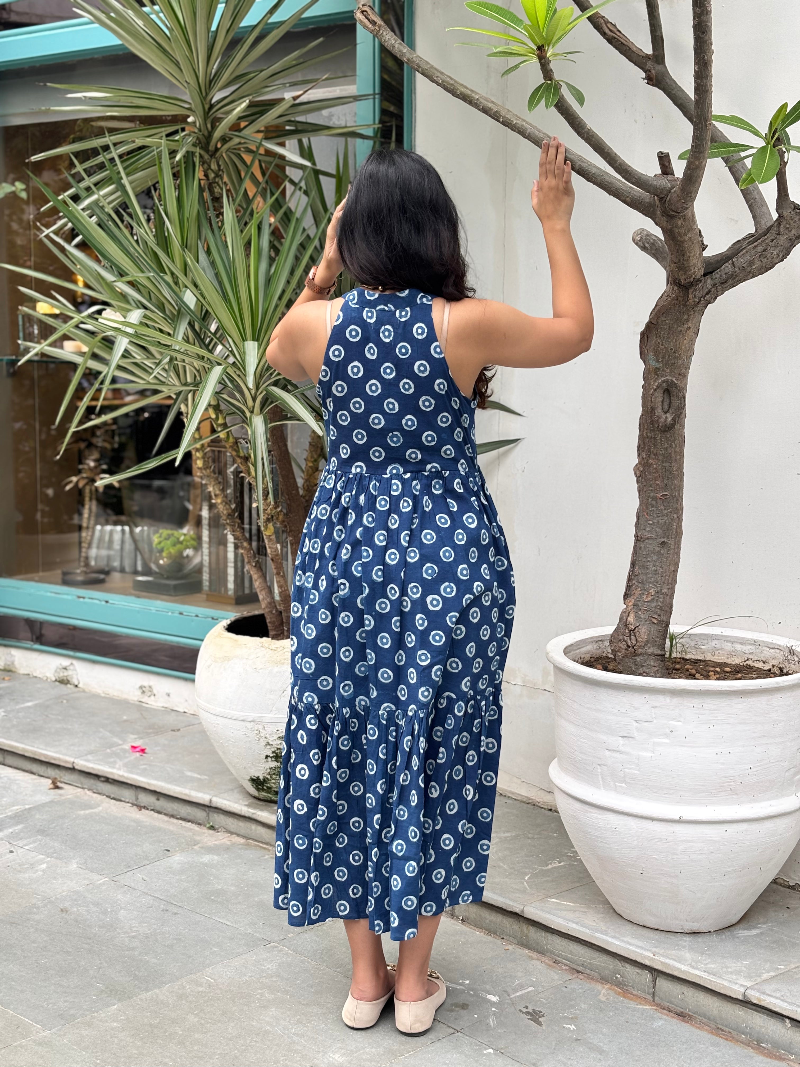 Tashi Indigo Hand Block Print Cotton Halter Neck Dress