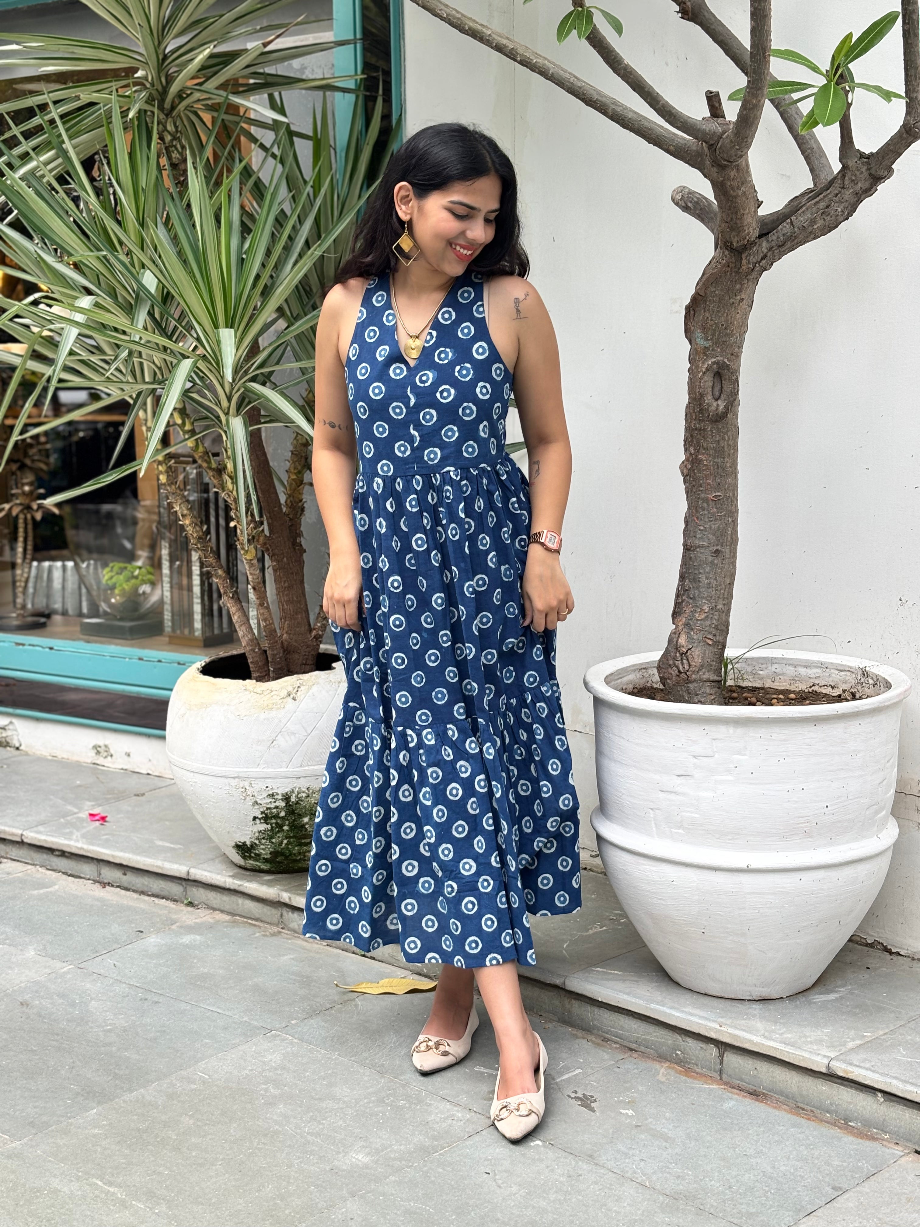 Tashi Indigo Hand Block Print Cotton Halter Neck Dress