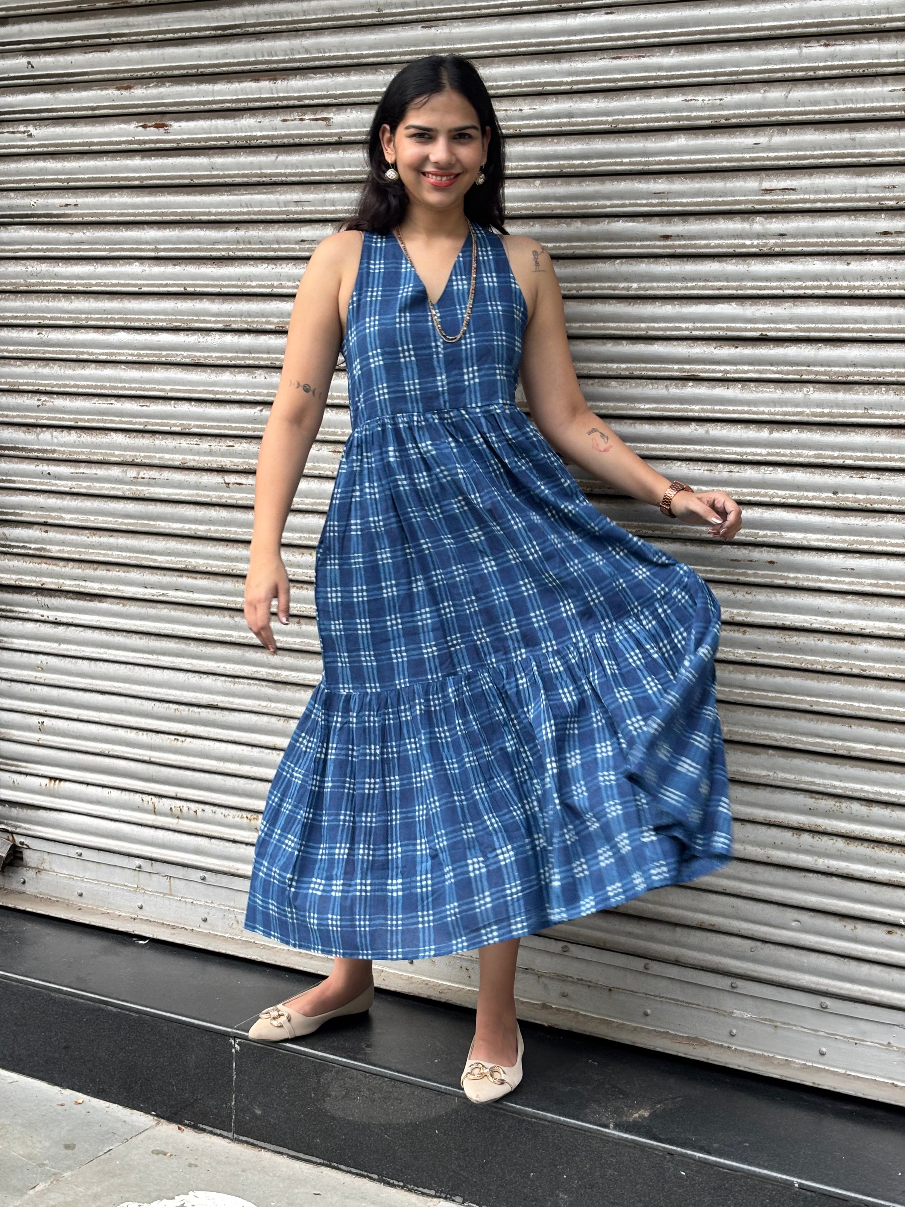 Aashvi Indigo Hand Block Print Cotton Halter Neck Dress