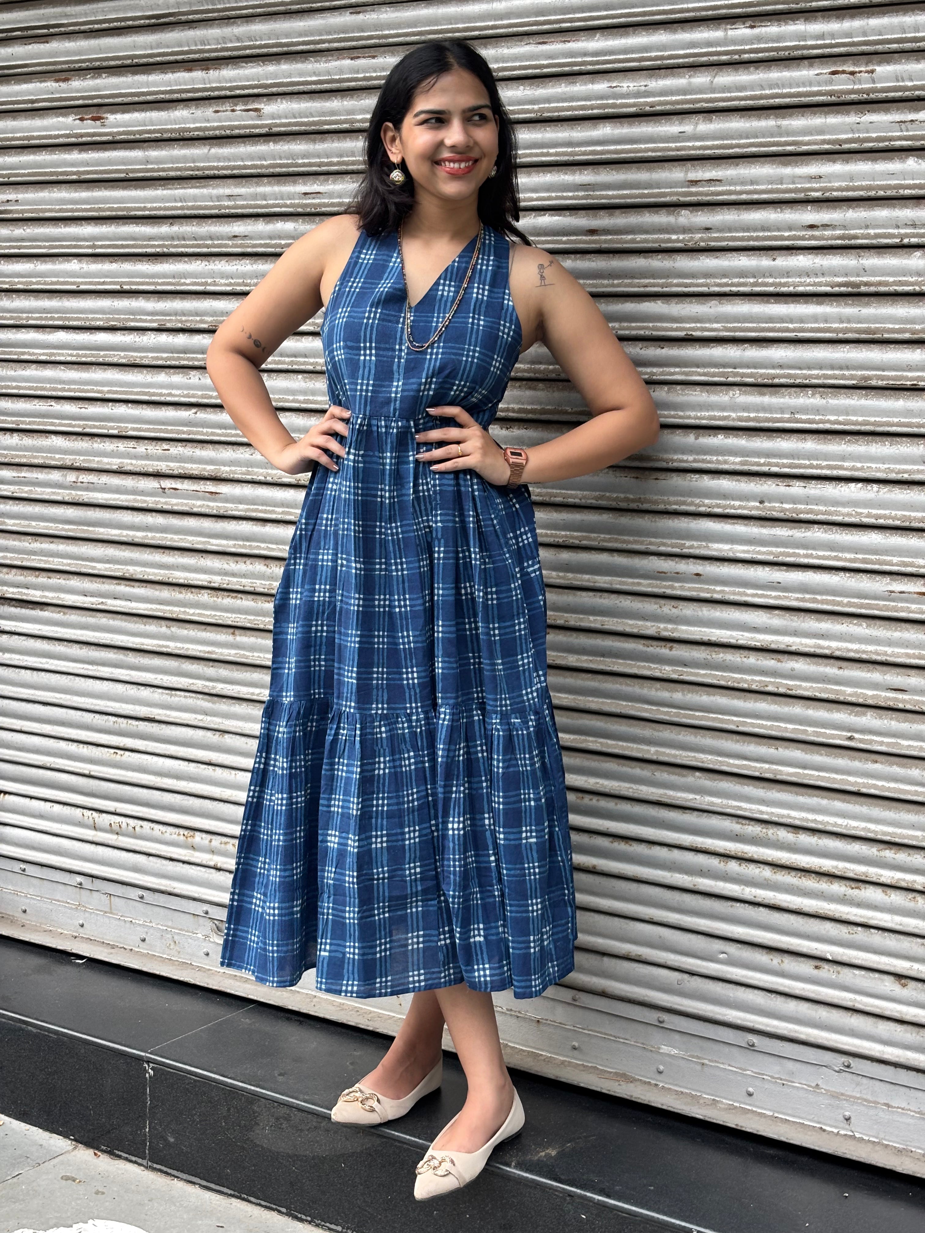 Aashvi Indigo Hand Block Print Cotton Halter Neck Dress