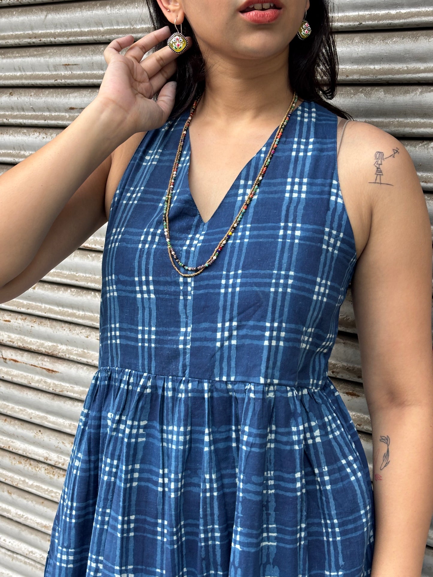 Aashvi Indigo Hand Block Print Cotton Halter Neck Dress