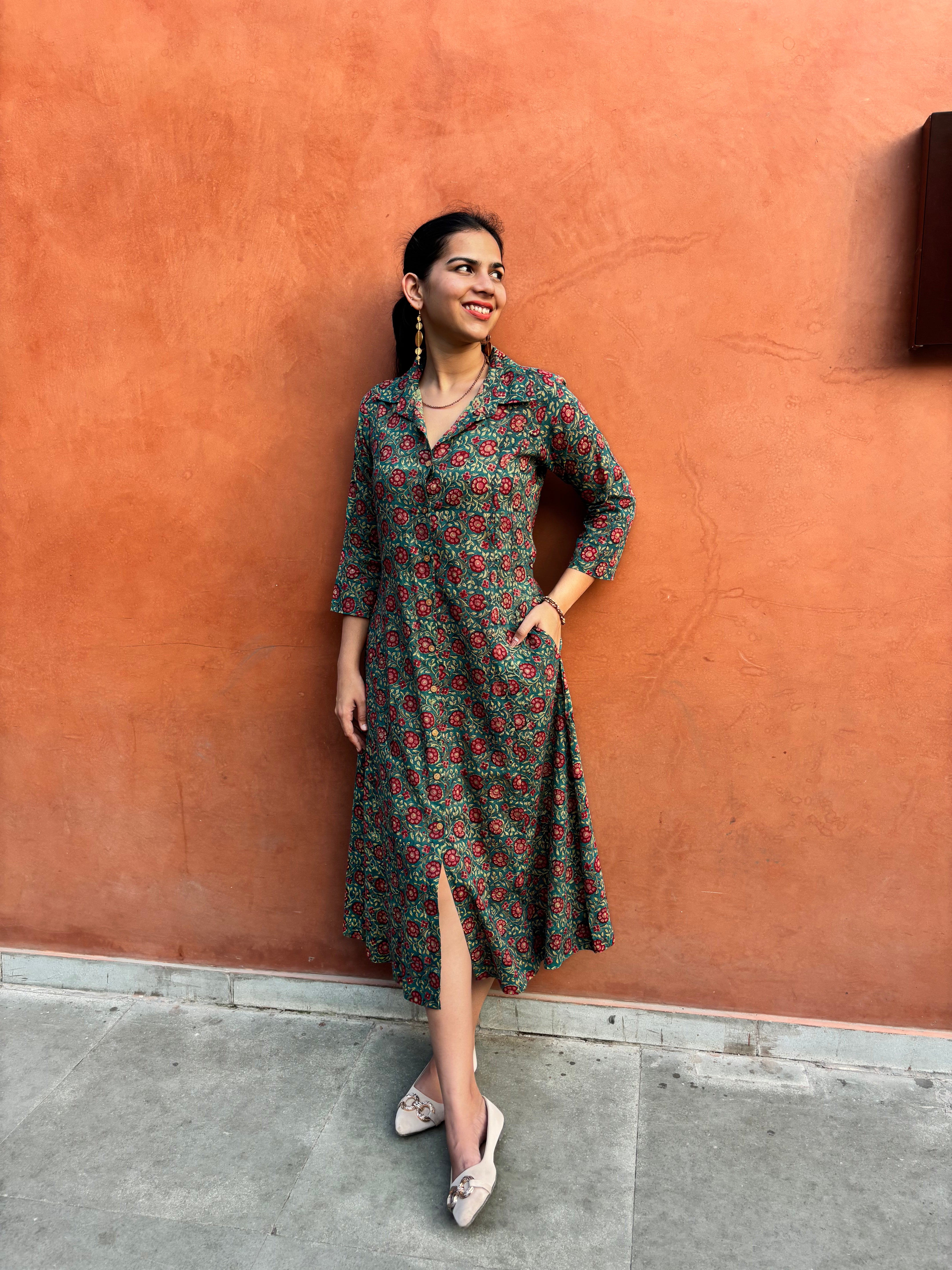 Rosalia Hand Block Print Cotton Collar A-Line Dress