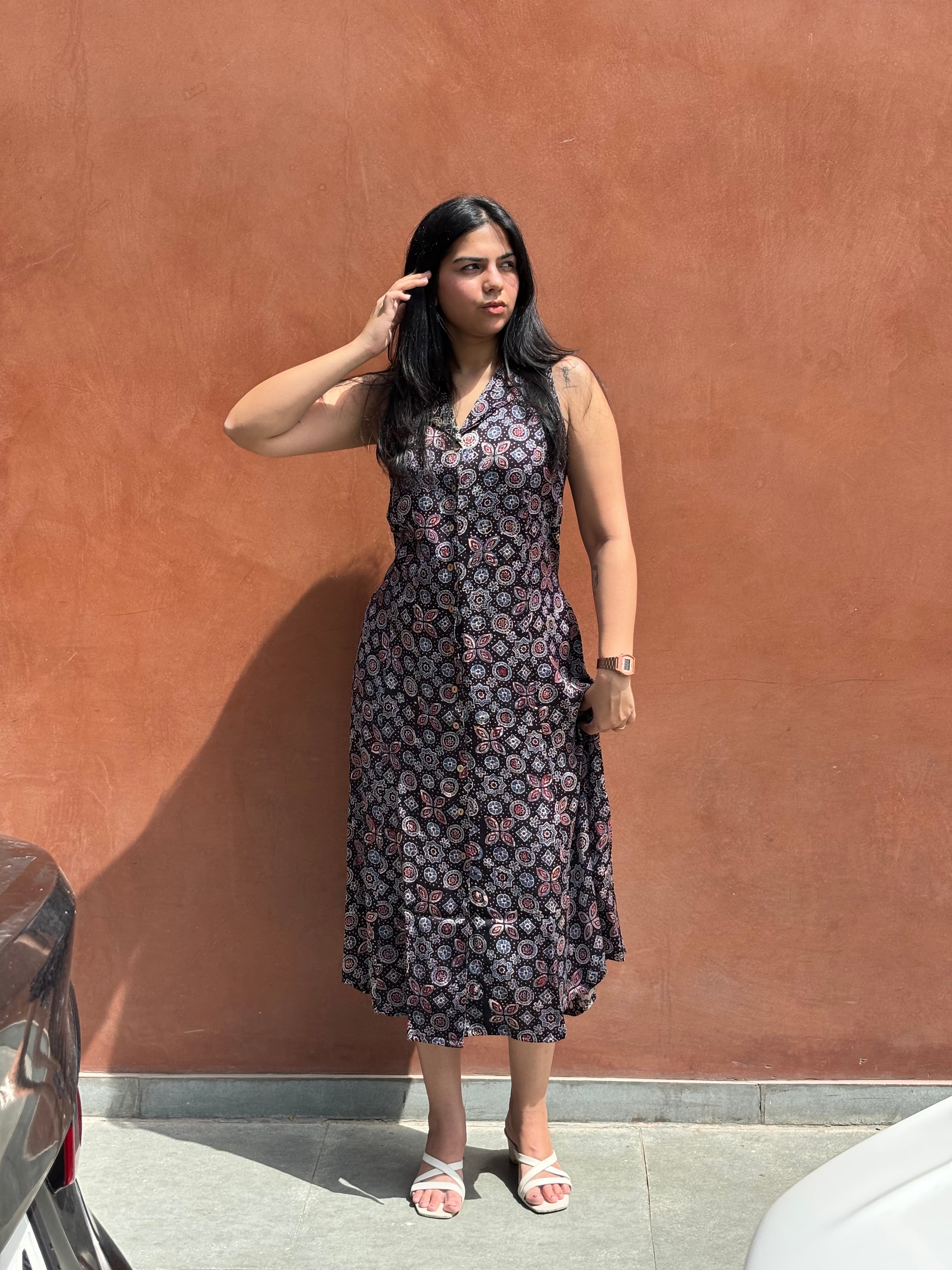 Zaira Ajrakh Hand Block Cotton Modal Print A-Line Dress