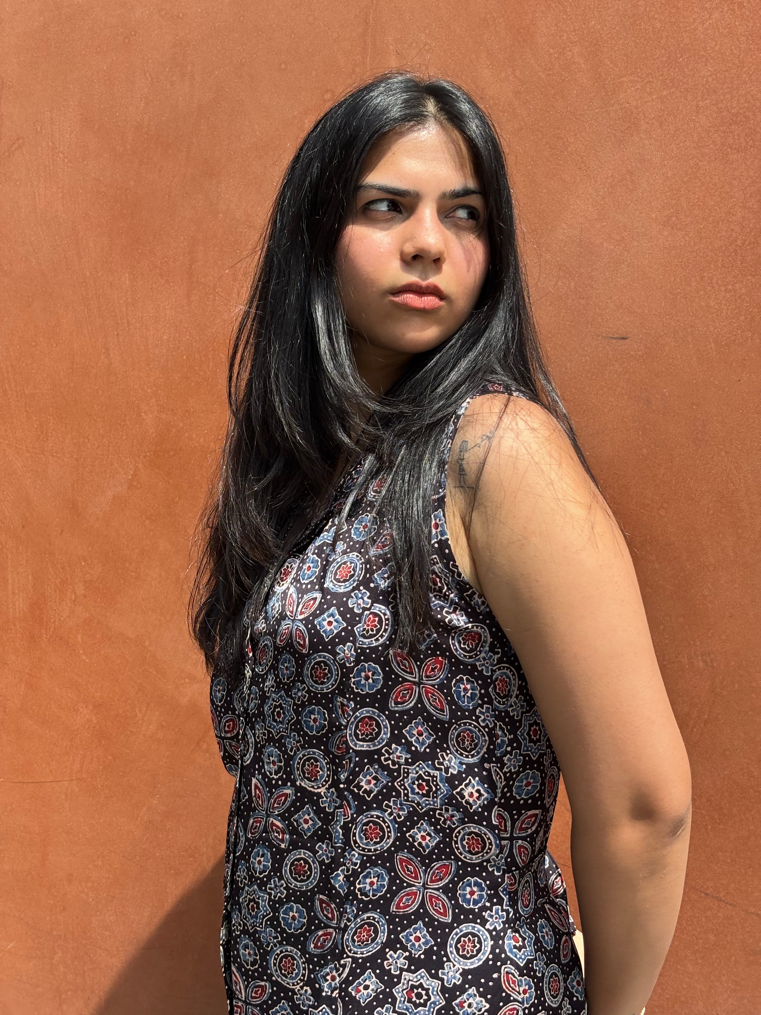 Zaira Ajrakh Hand Block Cotton Modal Print A-Line Dress