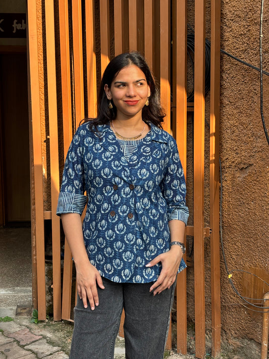 Jinal Indigo Hand Block Print Cotton Double Layer Top