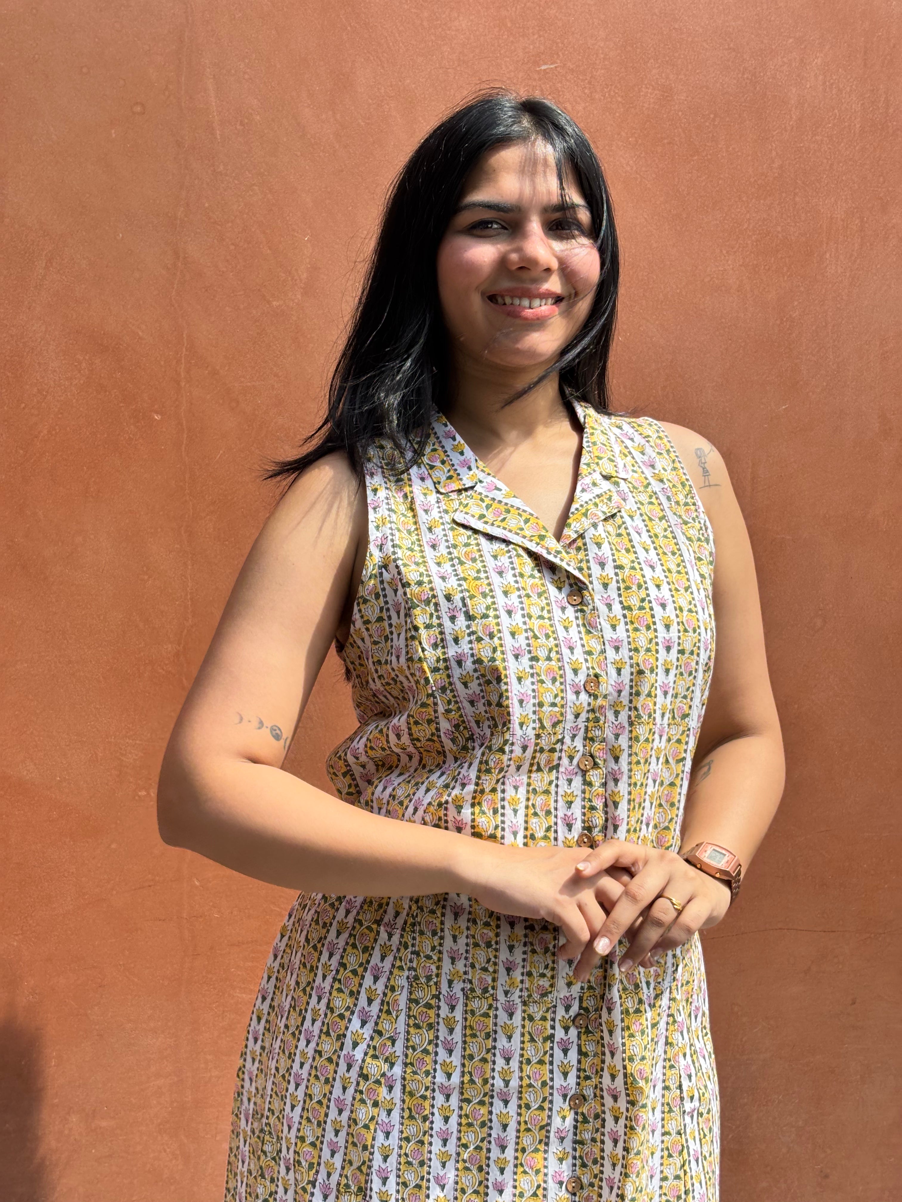 Laila Hand Block Cotton Print A-Line Dress