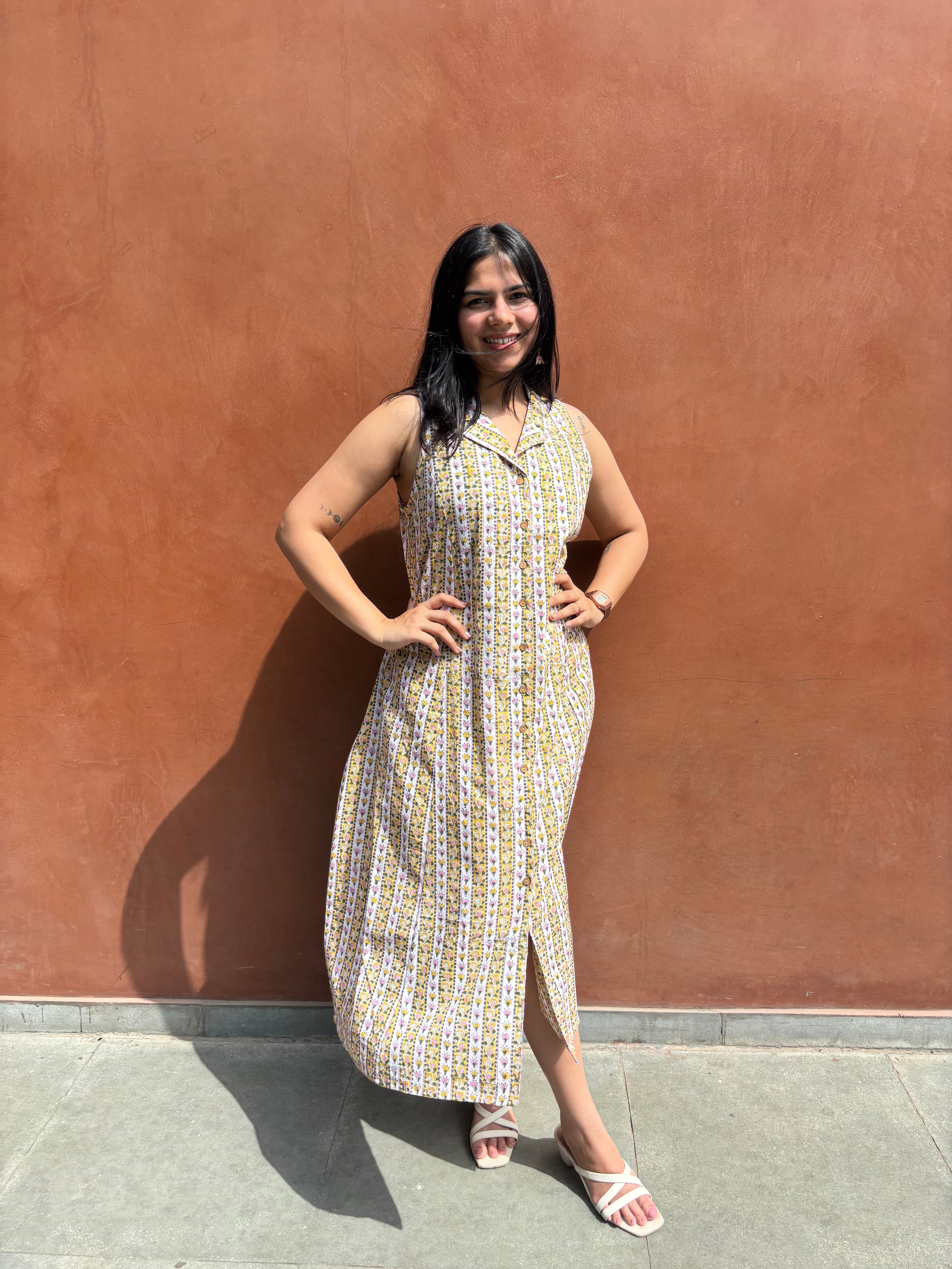 Laila Hand Block Cotton Print A-Line Dress