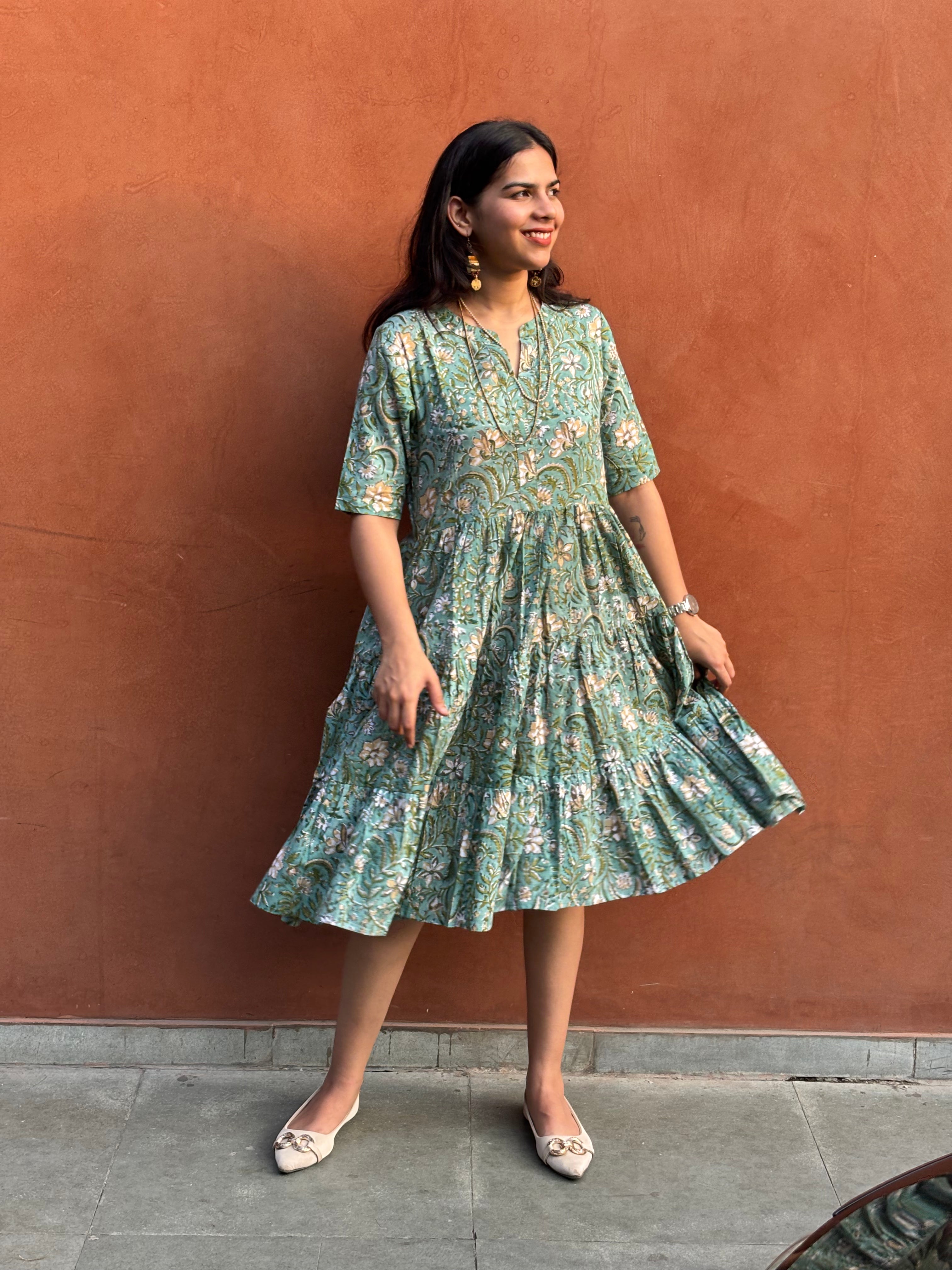 Nyra Hand Block Print Cotton Flare Dress