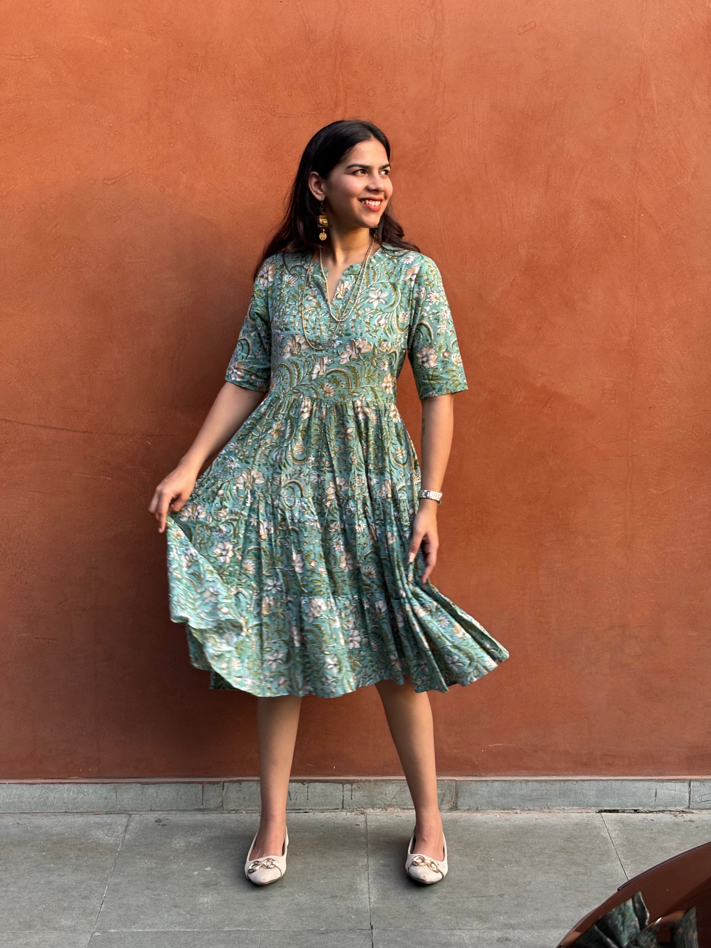 Nyra Hand Block Print Cotton Flare Dress