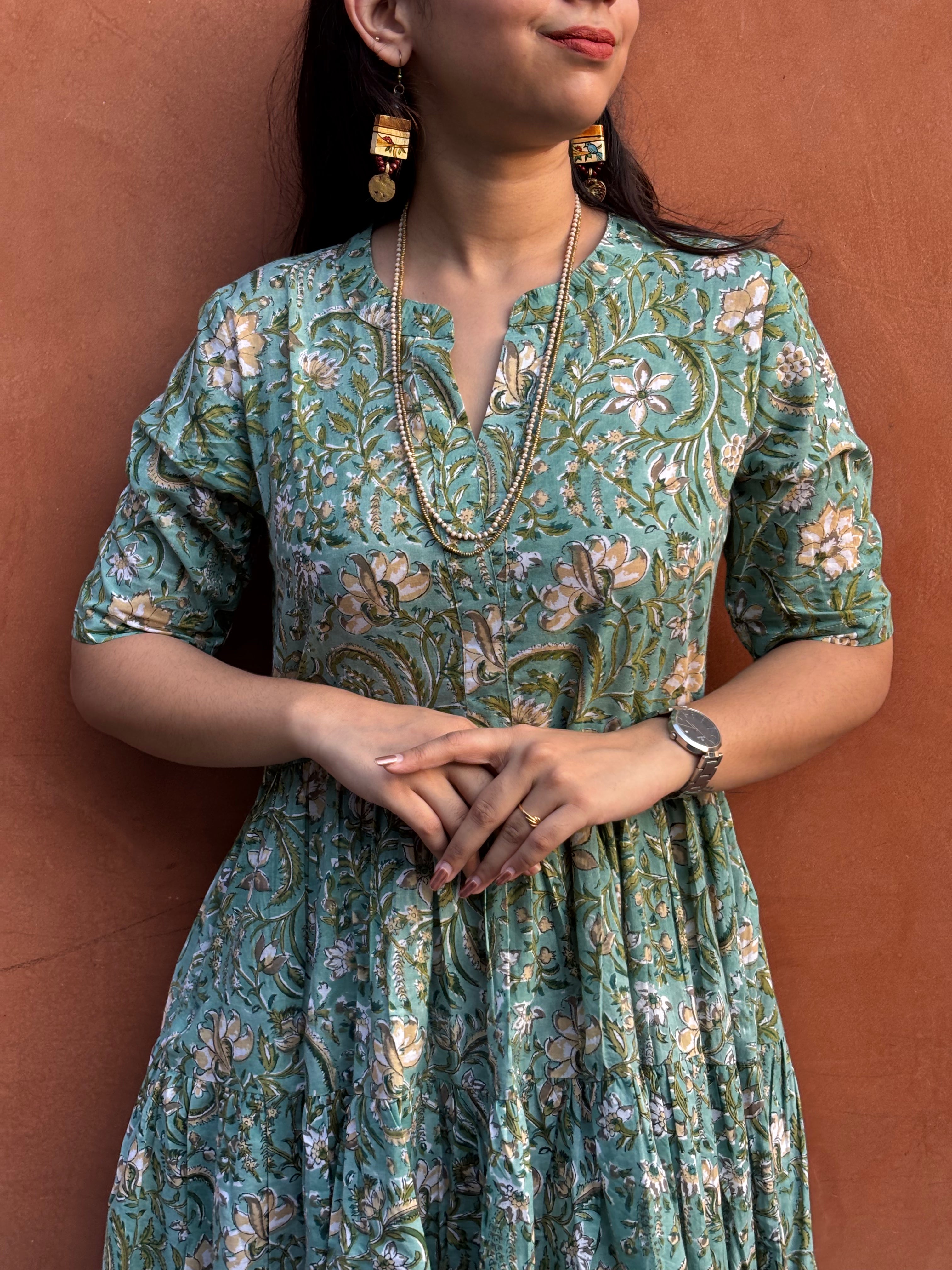 Nyra Hand Block Print Cotton Flare Dress