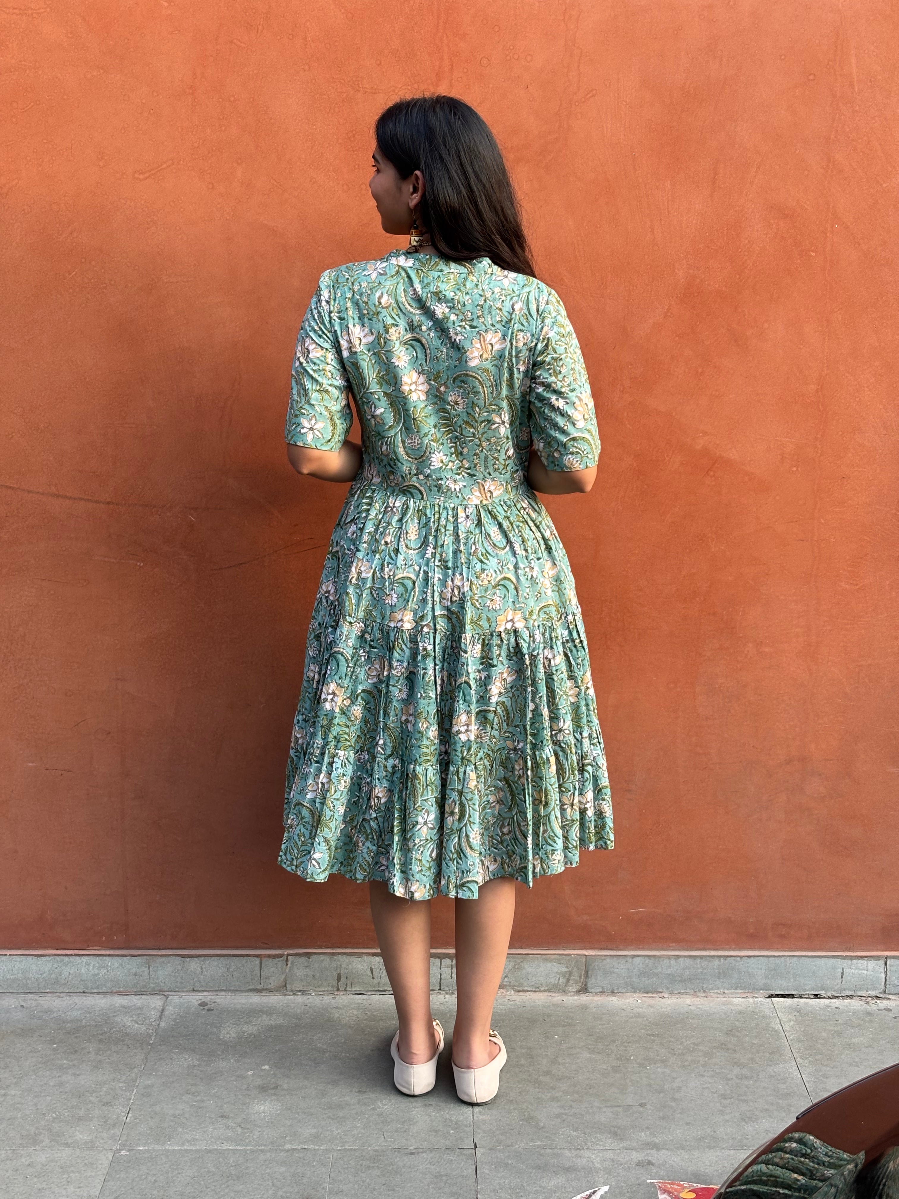 Nyra Hand Block Print Cotton Flare Dress