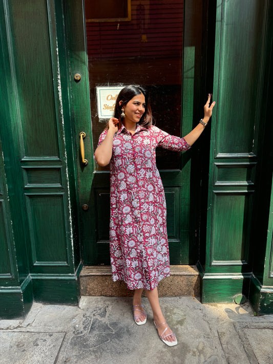 Nayab Block Print Cotton Collar A-line Dress