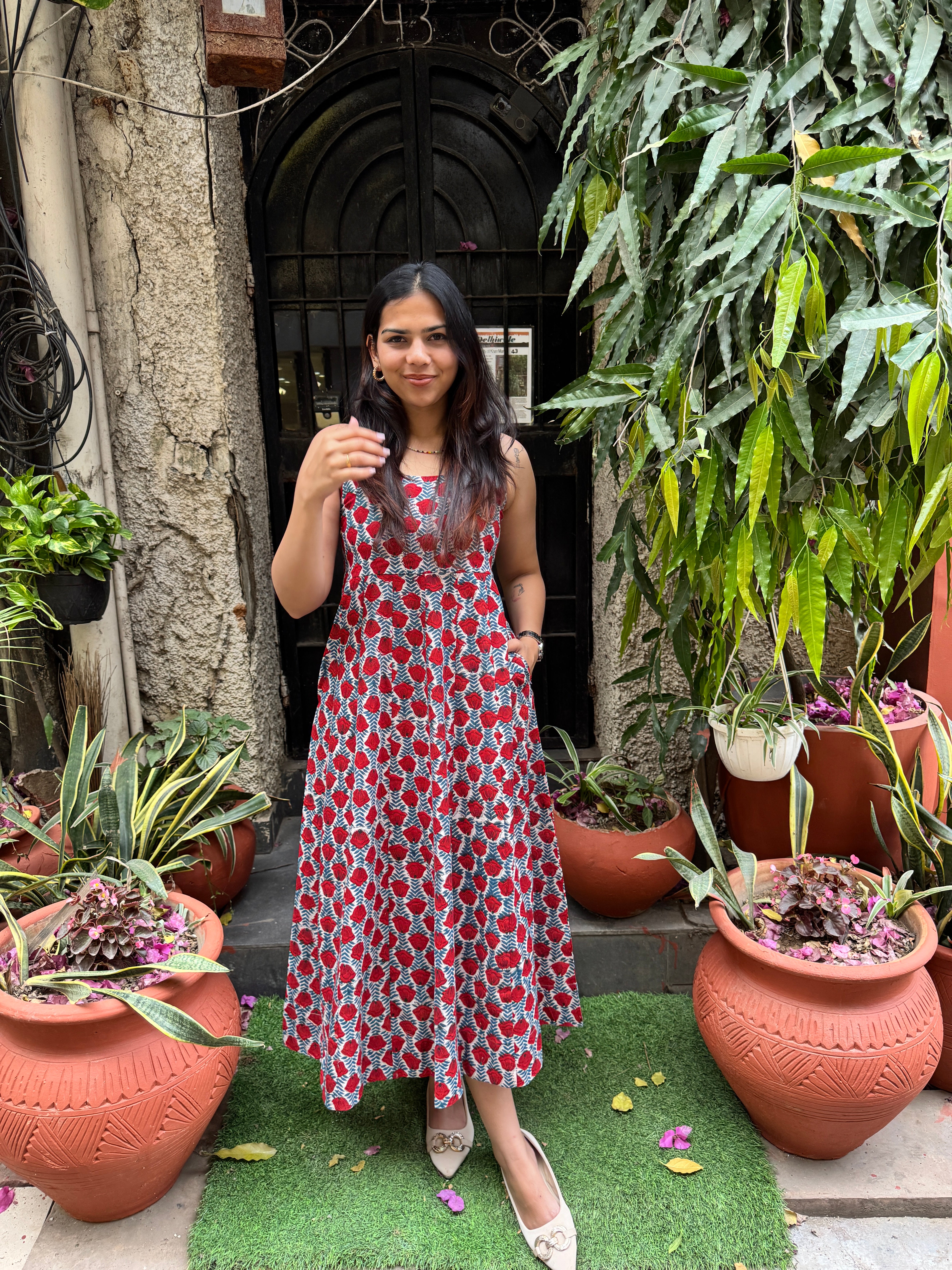 Anka Hand Block Print Cotton Spaghetti Dress