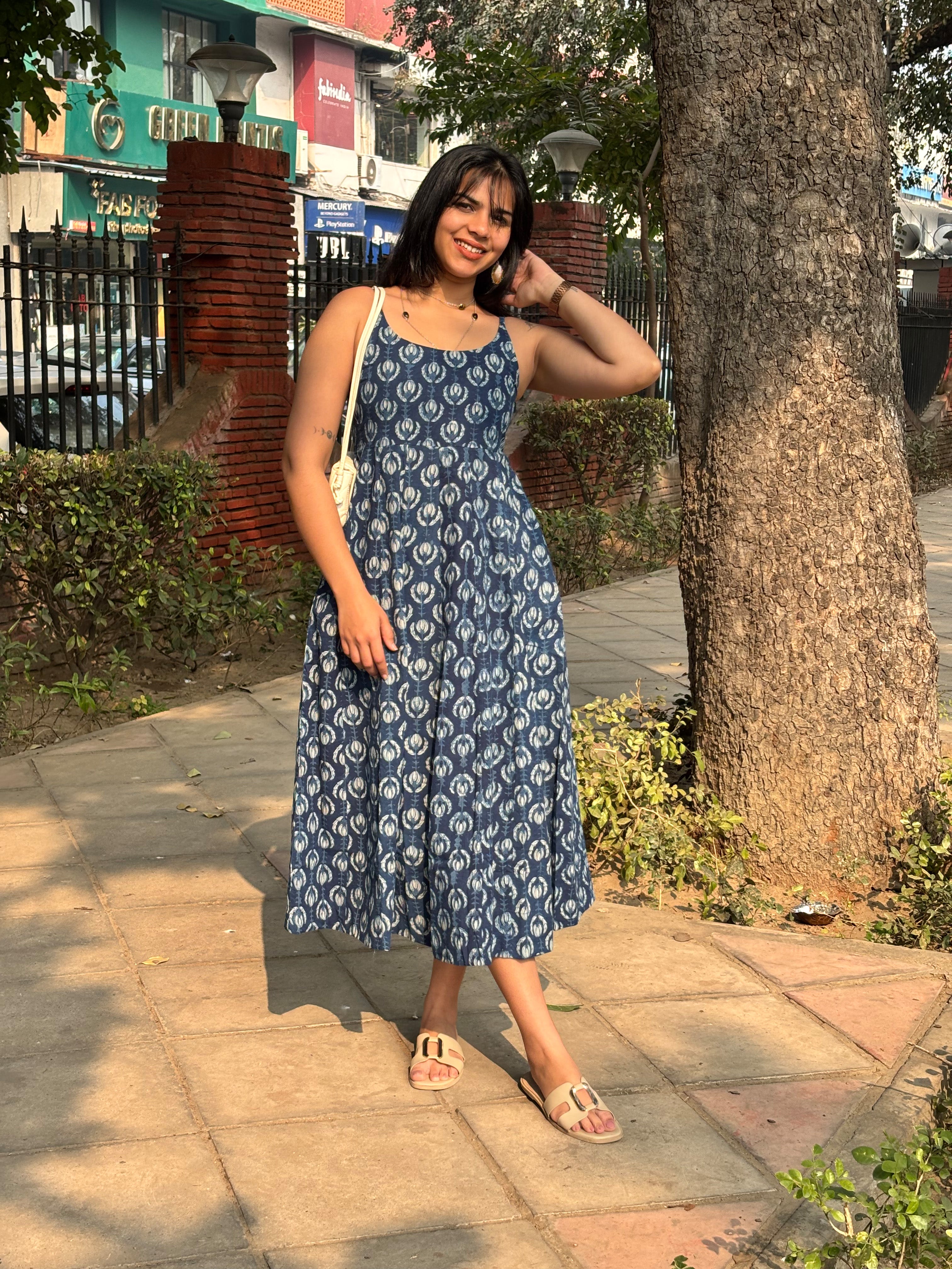 Jinal Indigo Hand Block Print Cotton Spaghetti Dress
