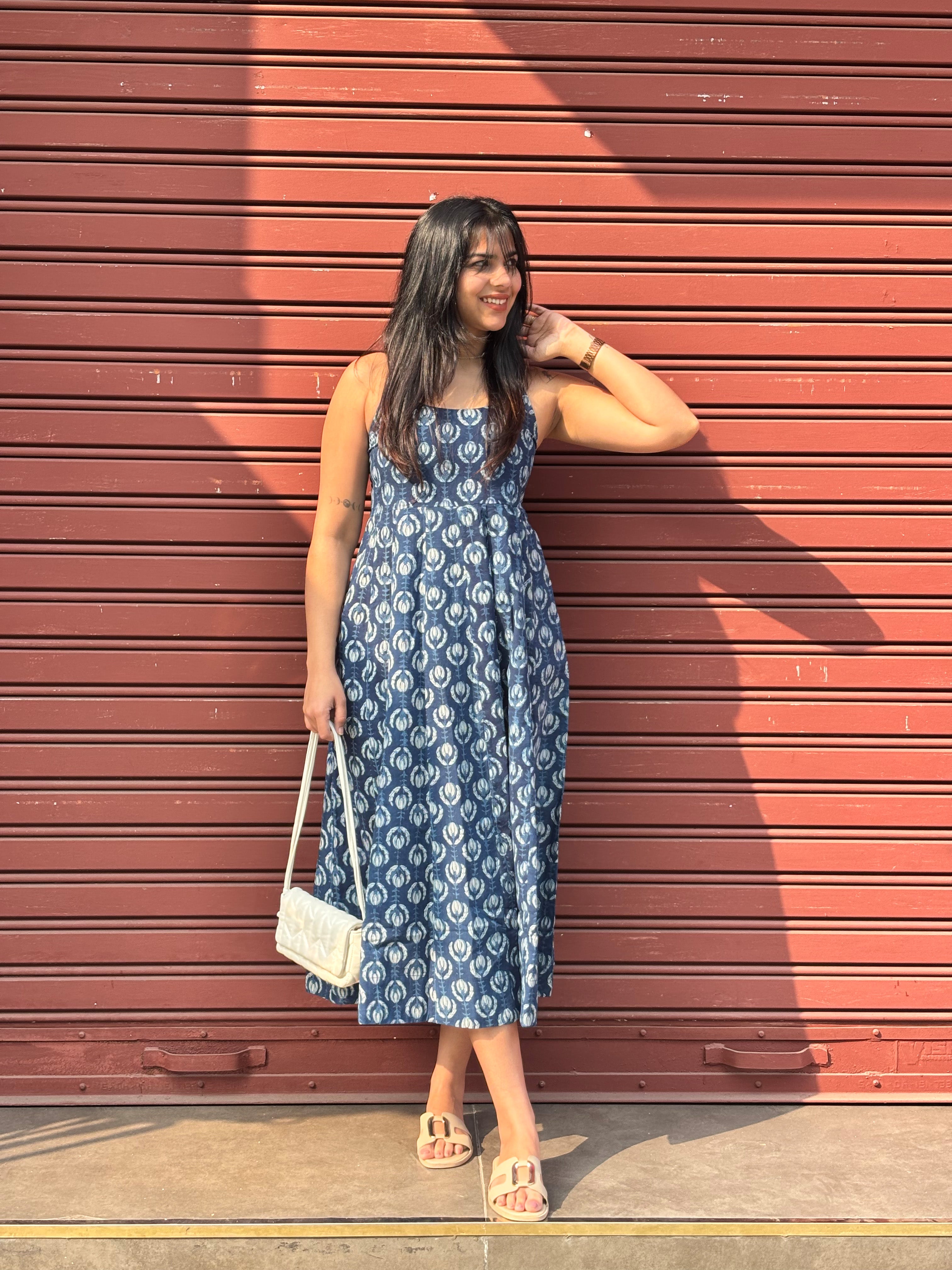 Jinal Indigo Hand Block Print Cotton Spaghetti Dress