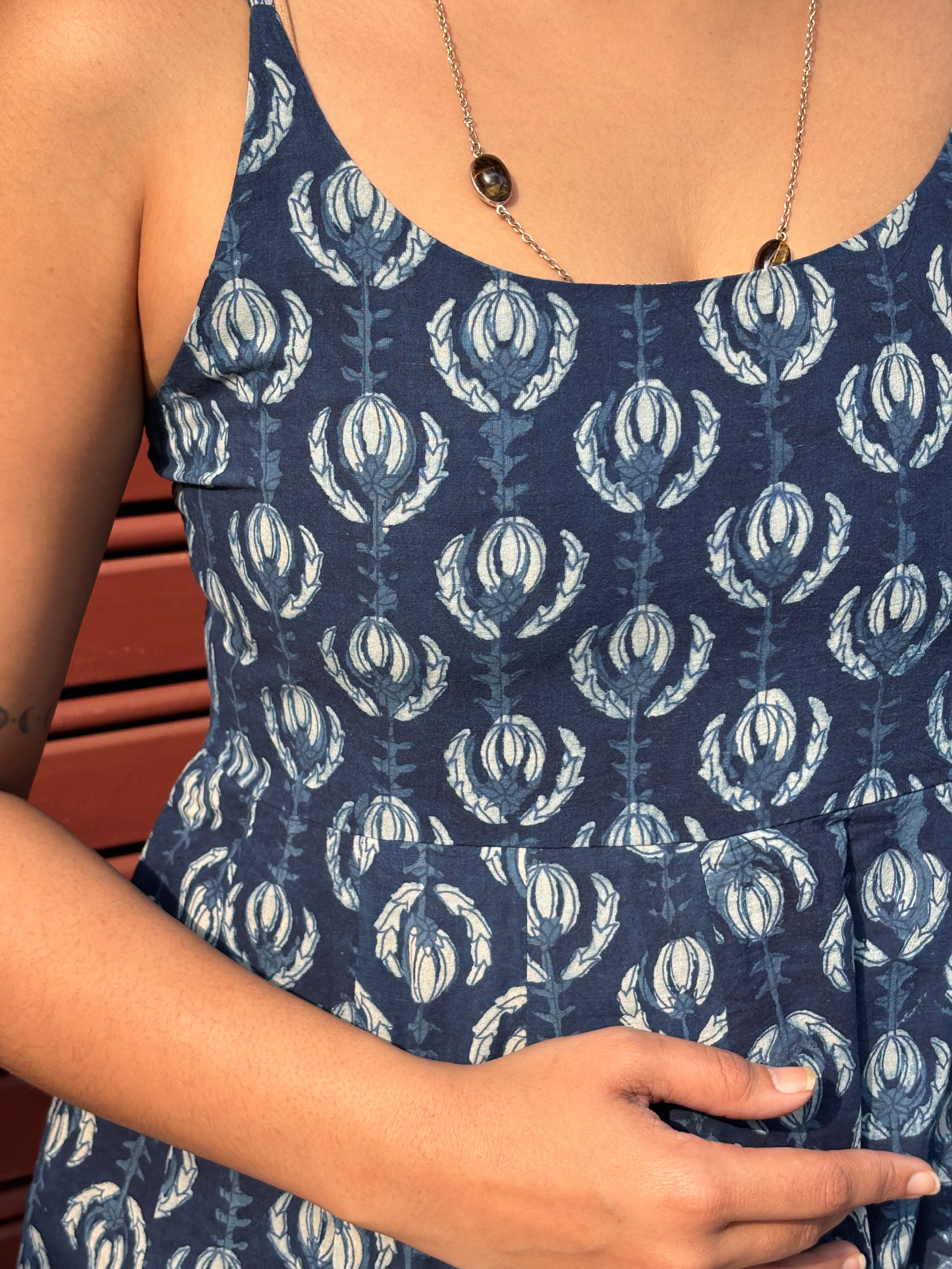 Jinal Indigo Hand Block Print Cotton Spaghetti Dress