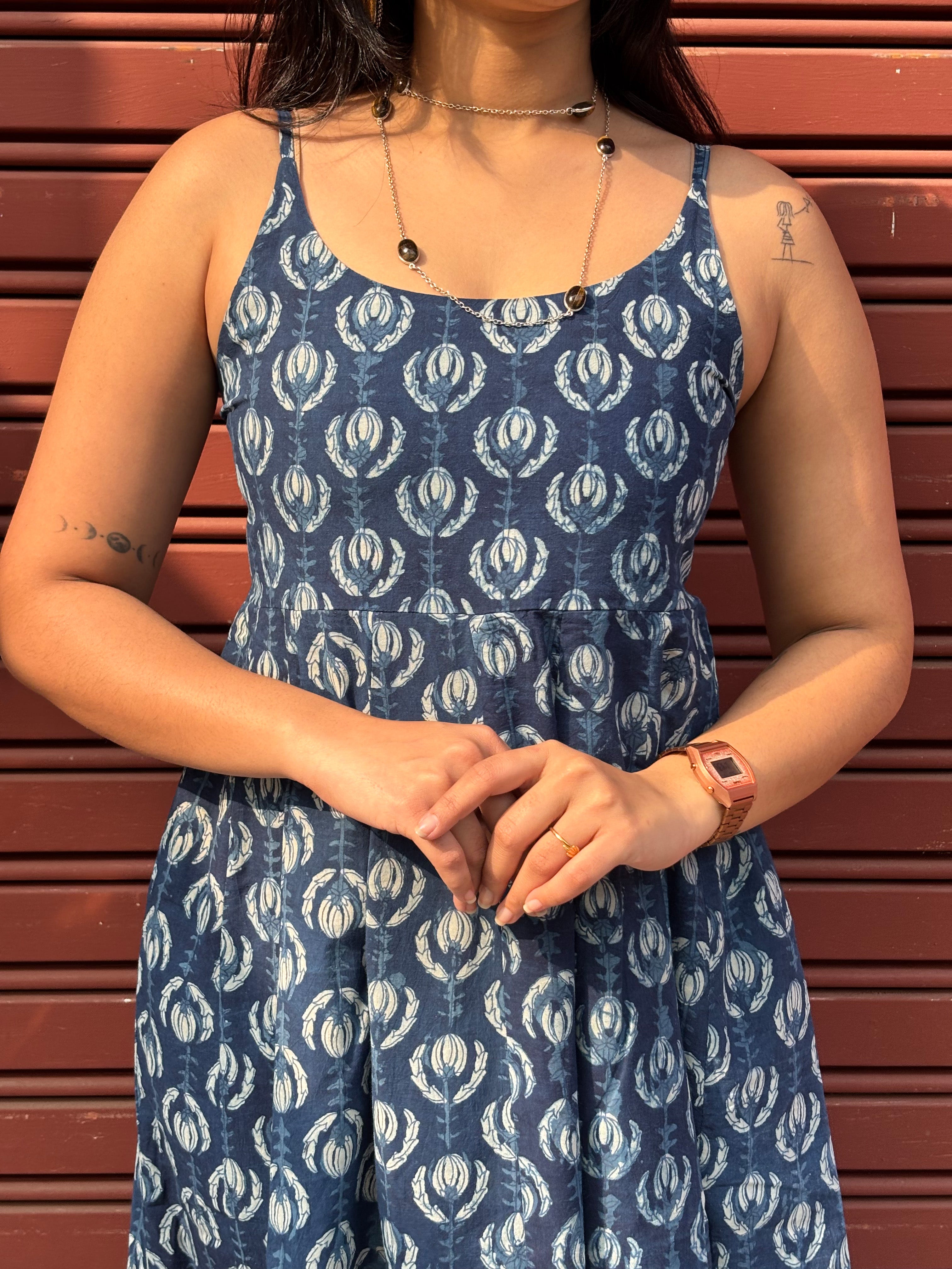 Jinal Indigo Hand Block Print Cotton Spaghetti Dress