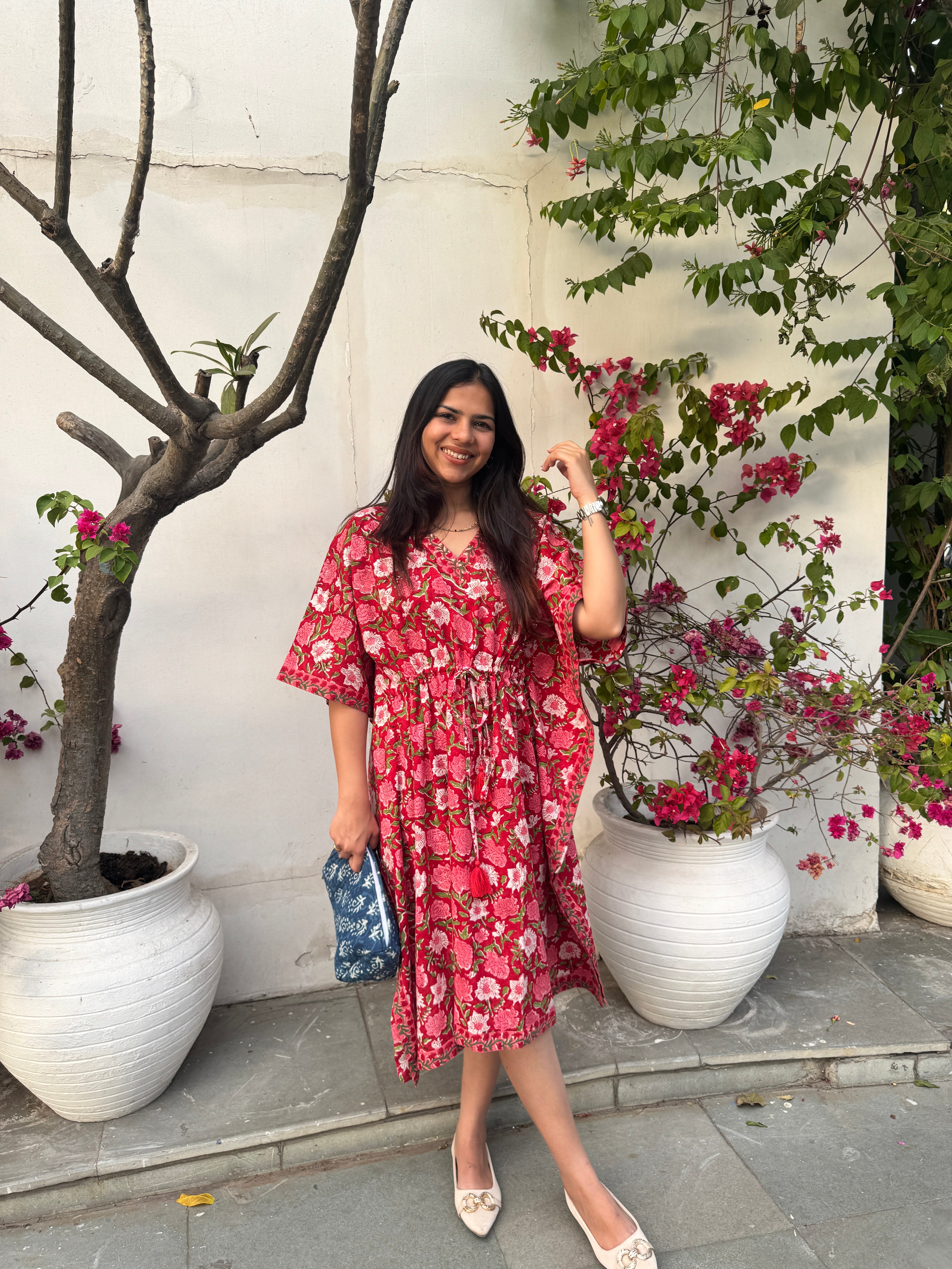 Gulzar Hand Block Print Cotton Midi Kaftan Dress