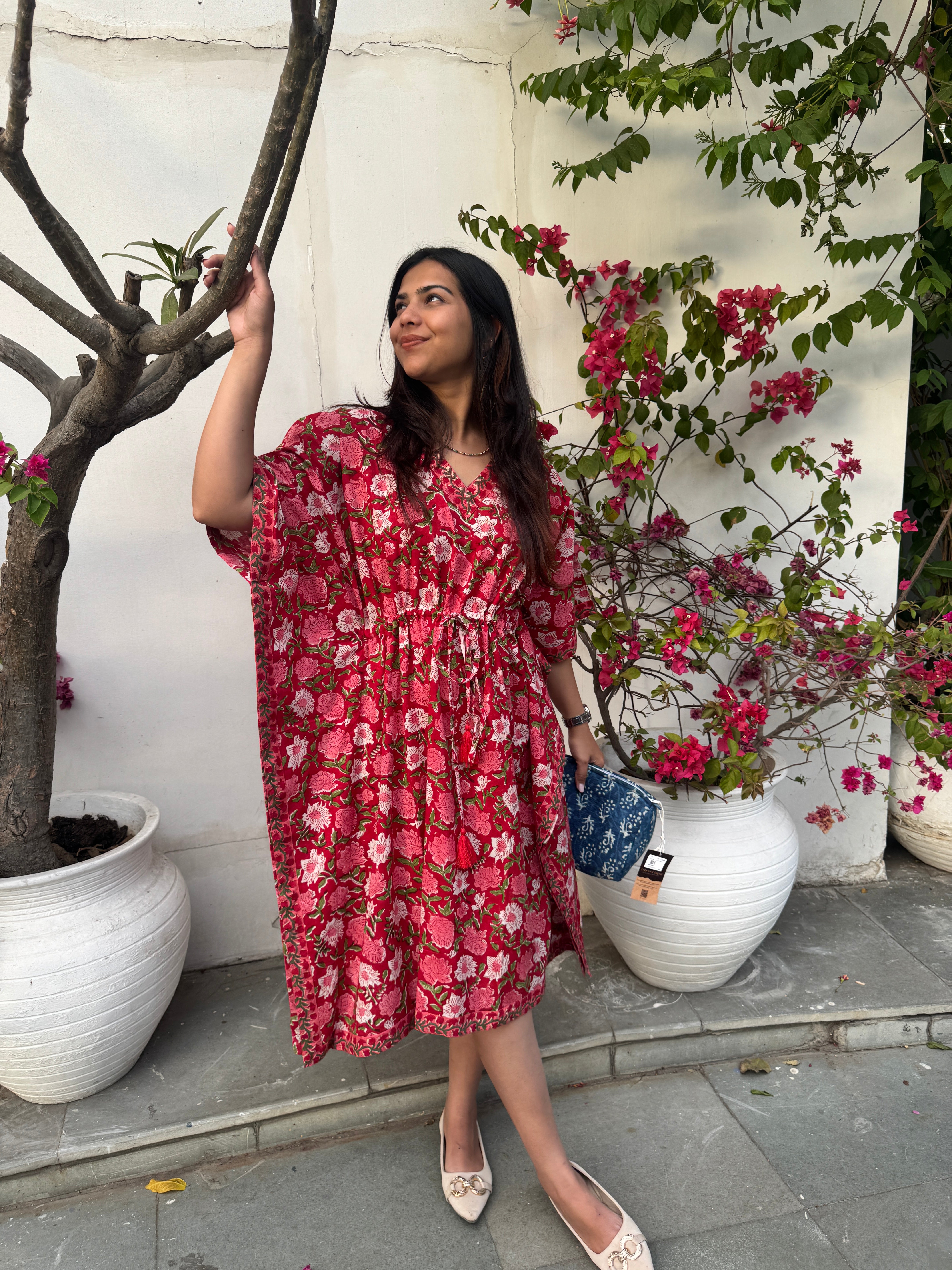 Gulzar Hand Block Print Cotton Midi Kaftan Dress