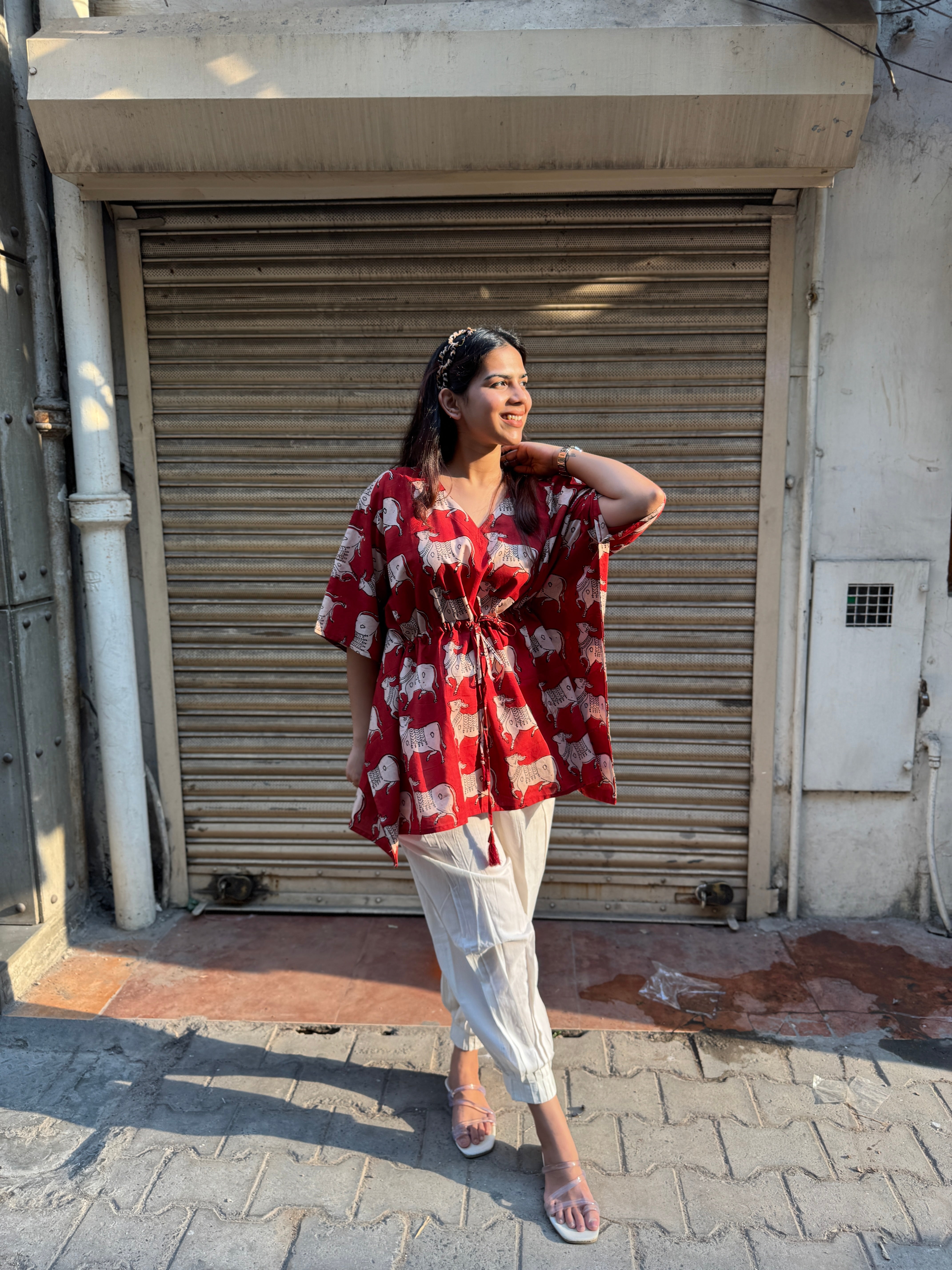 Nandi hand Block Print Cotton Kaftan Top (Red)