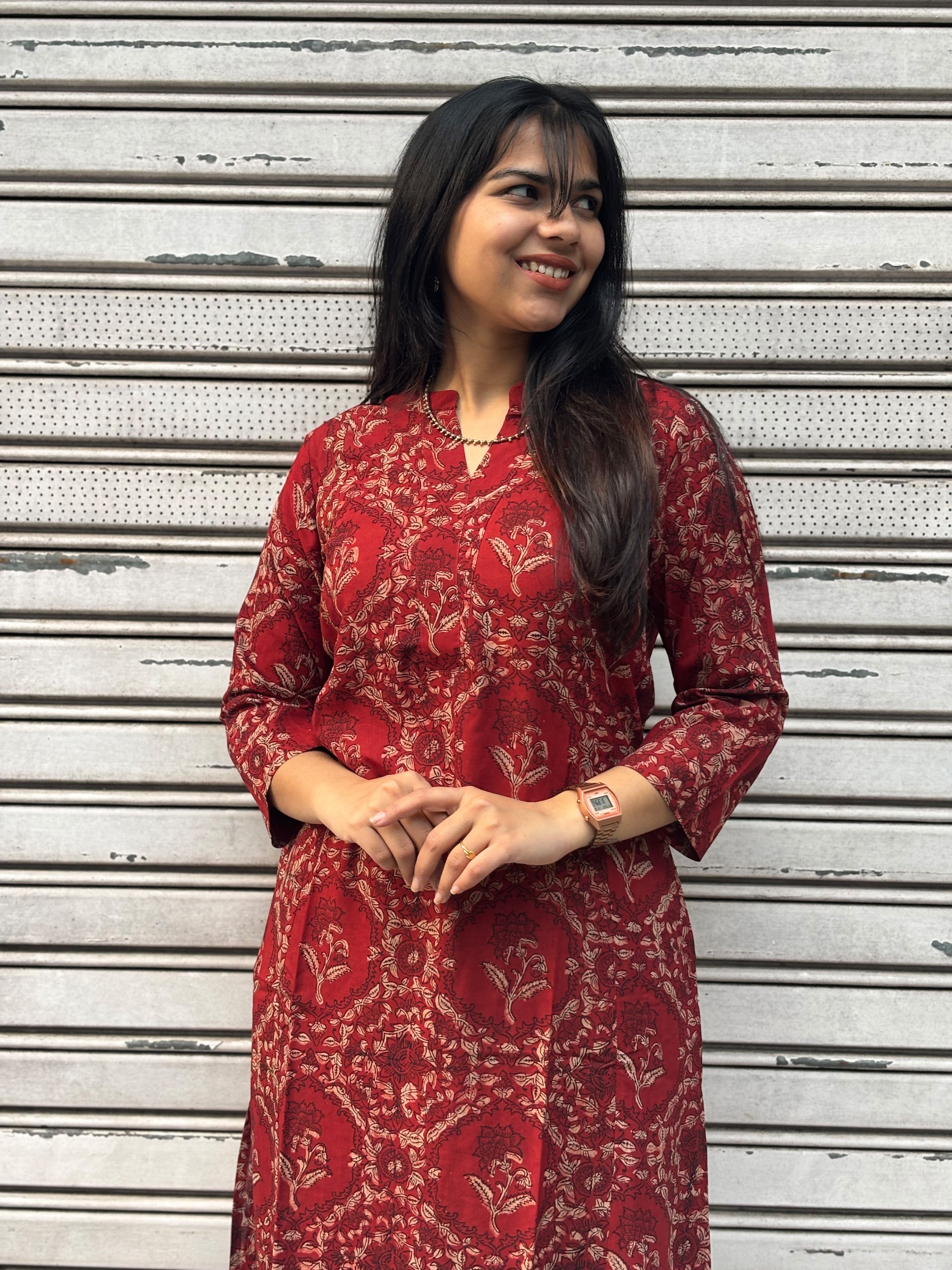 Kalma Kalamkari Hand Block Print Modal Silk Straight Kurta