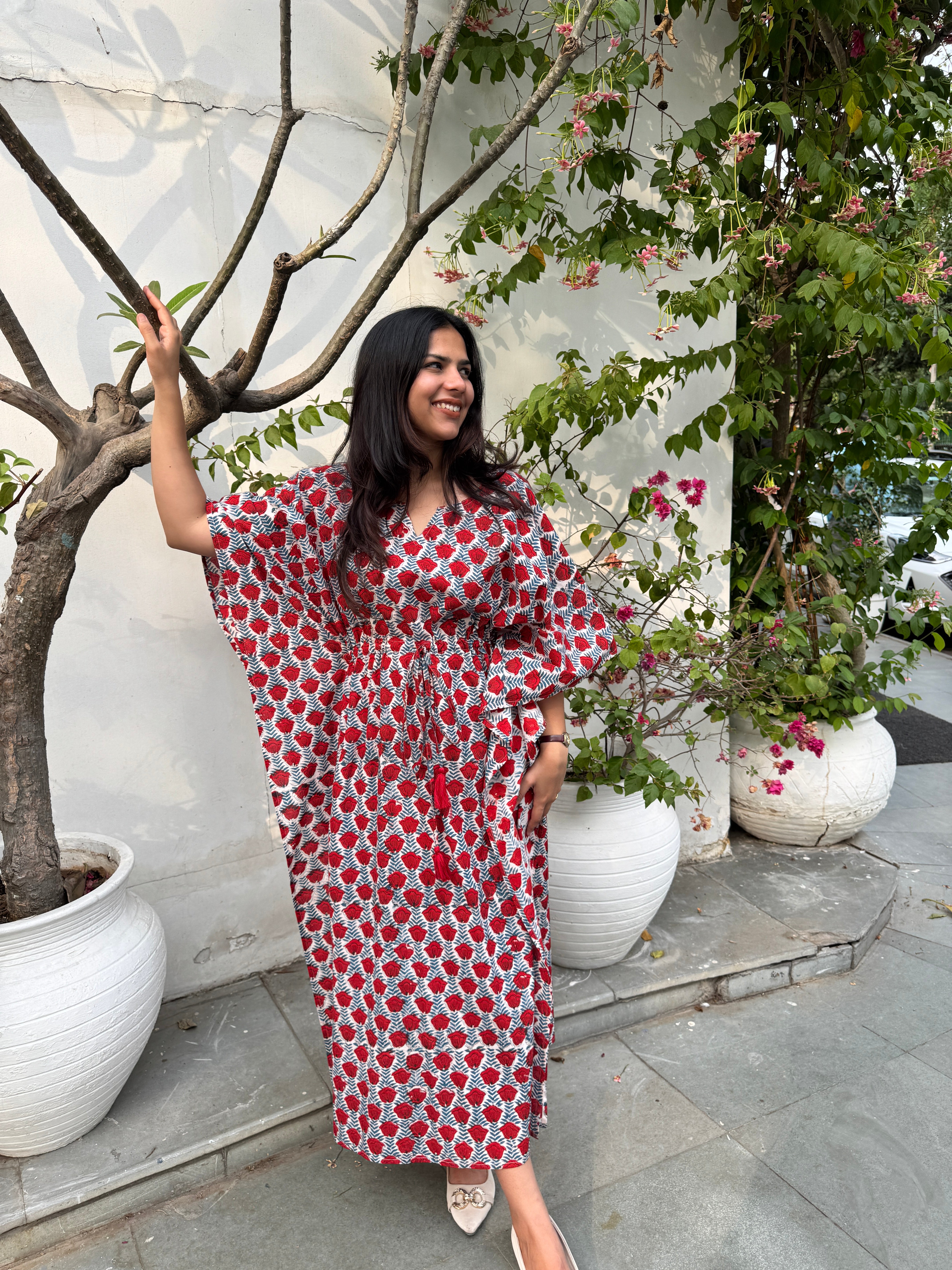 Anka Hand Block Print Cotton Long Kaftan Dress