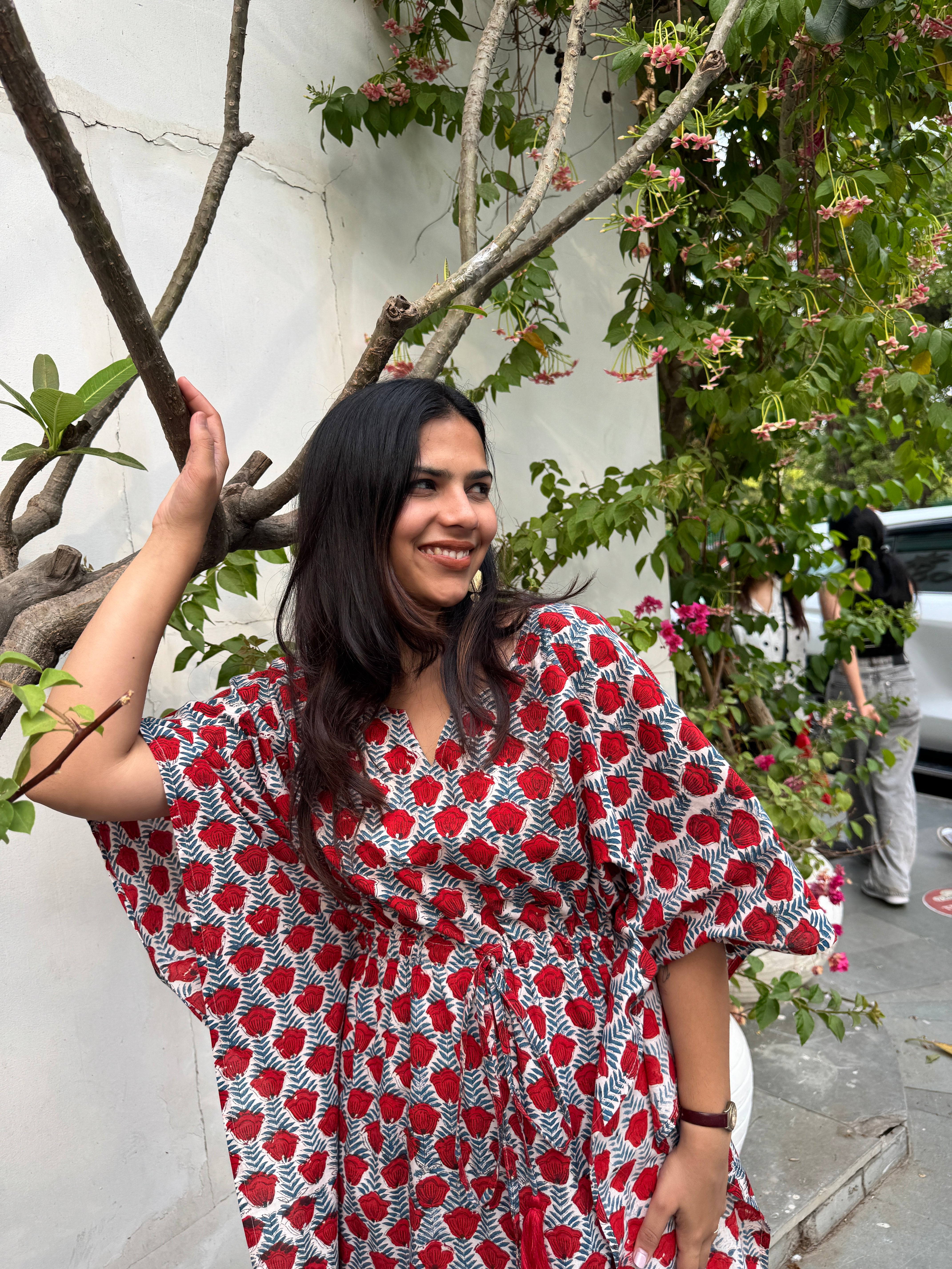 Anka Hand Block Print Cotton Long Kaftan Dress