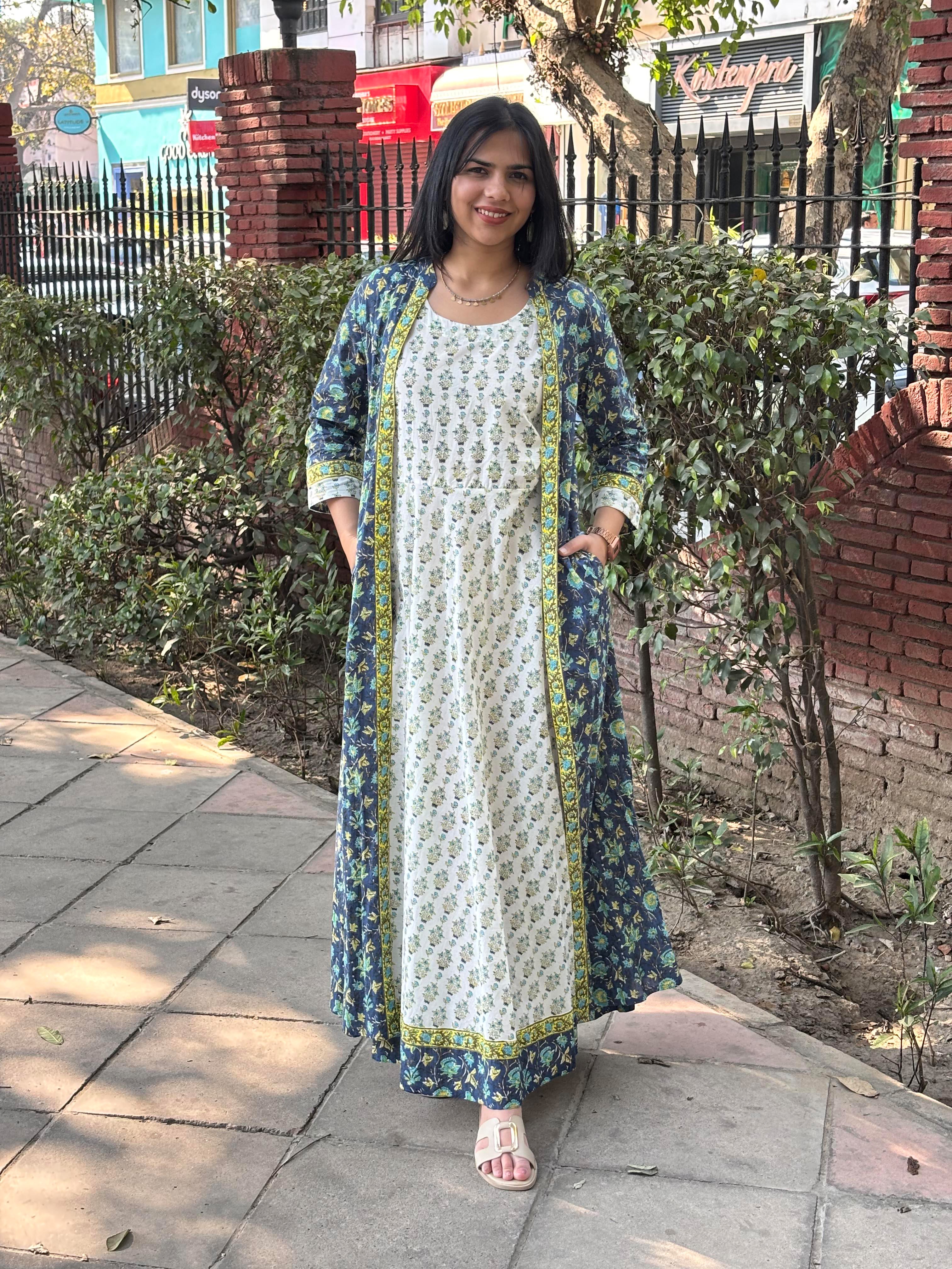 Tahira Hand Block Print Cotton Long Double Layer Dress