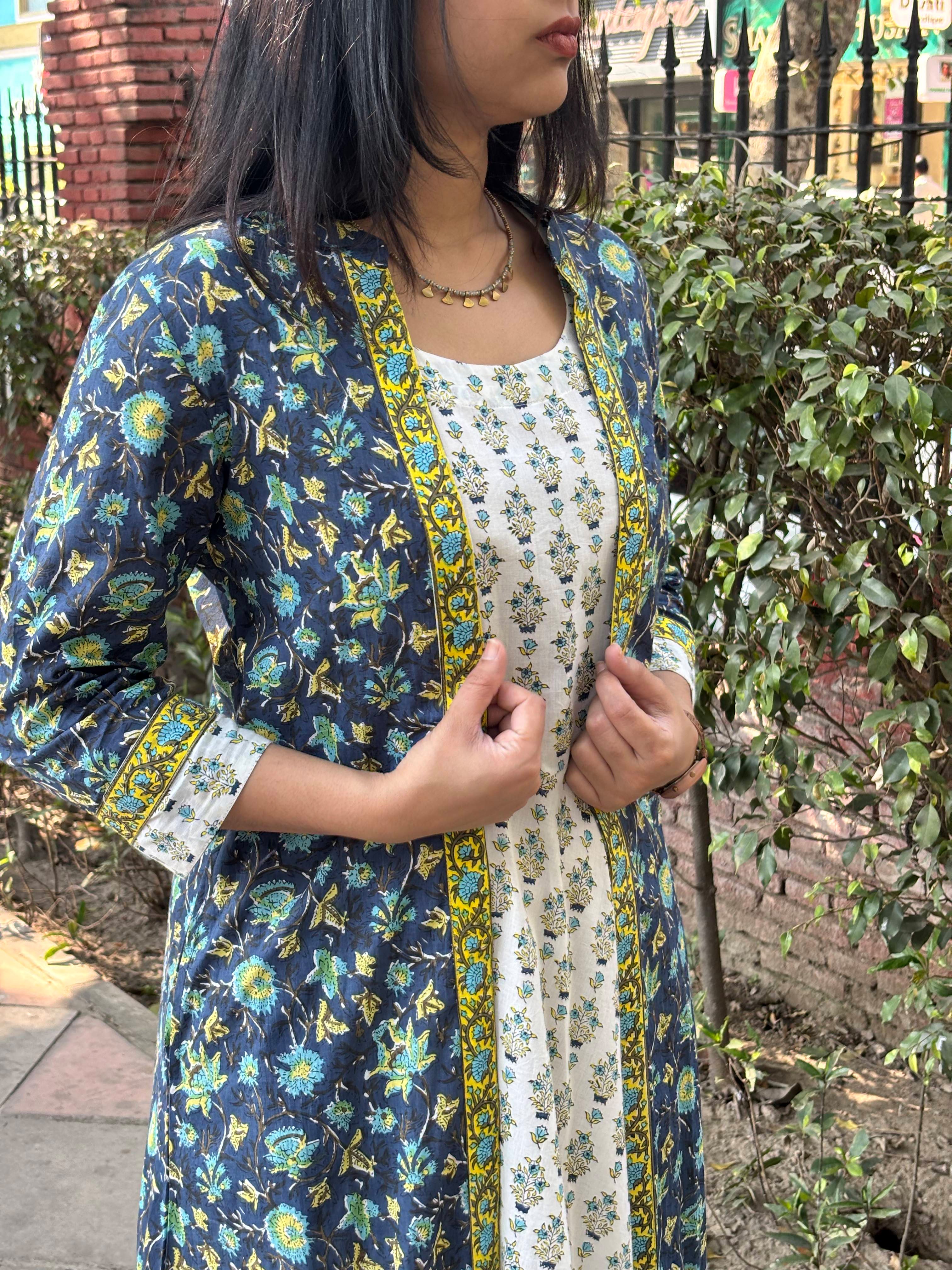 Tahira Hand Block Print Cotton Long Double Layer Dress