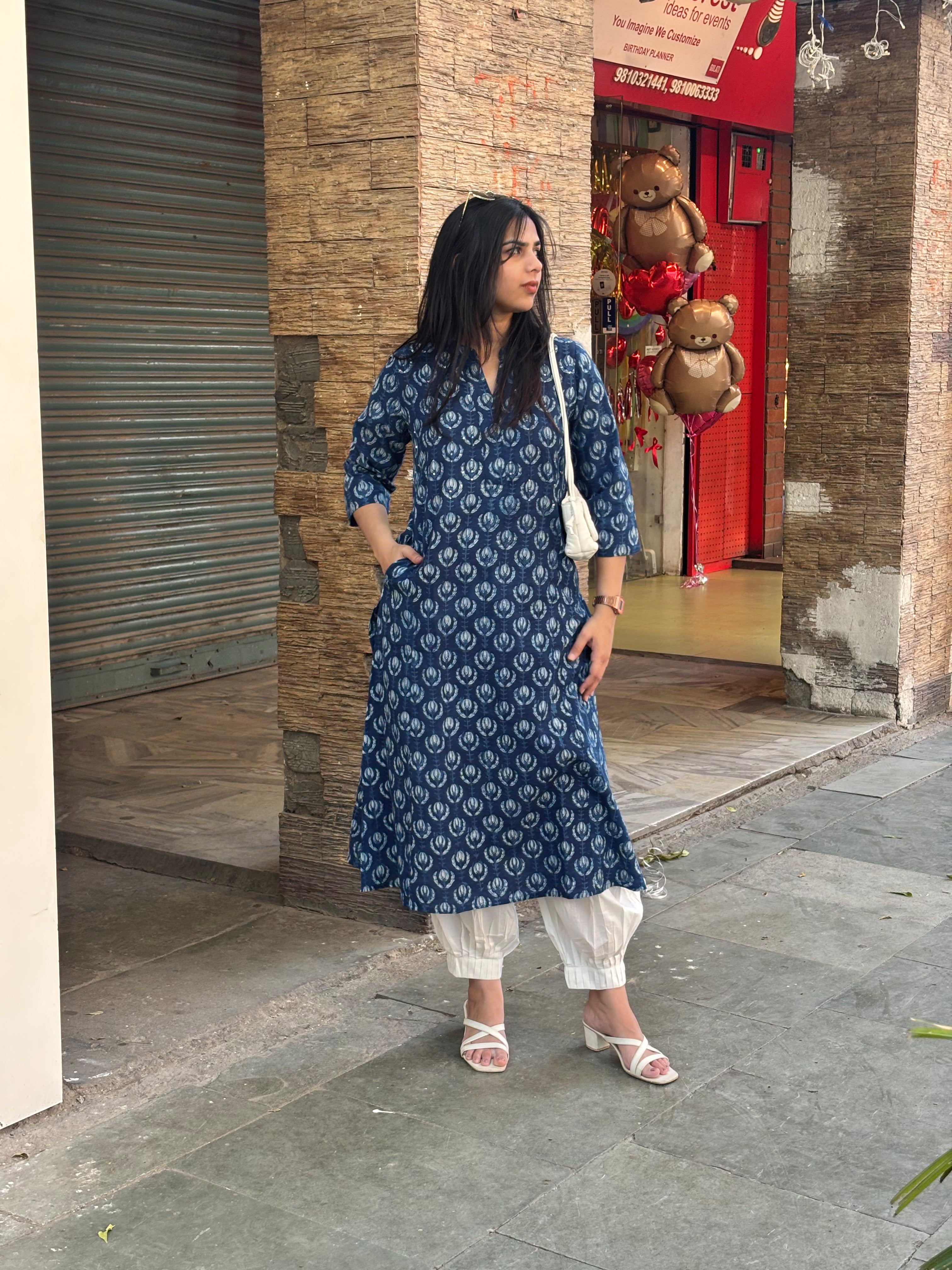 Jinal Indigo Hand Block Print Cotton Straight Kurta