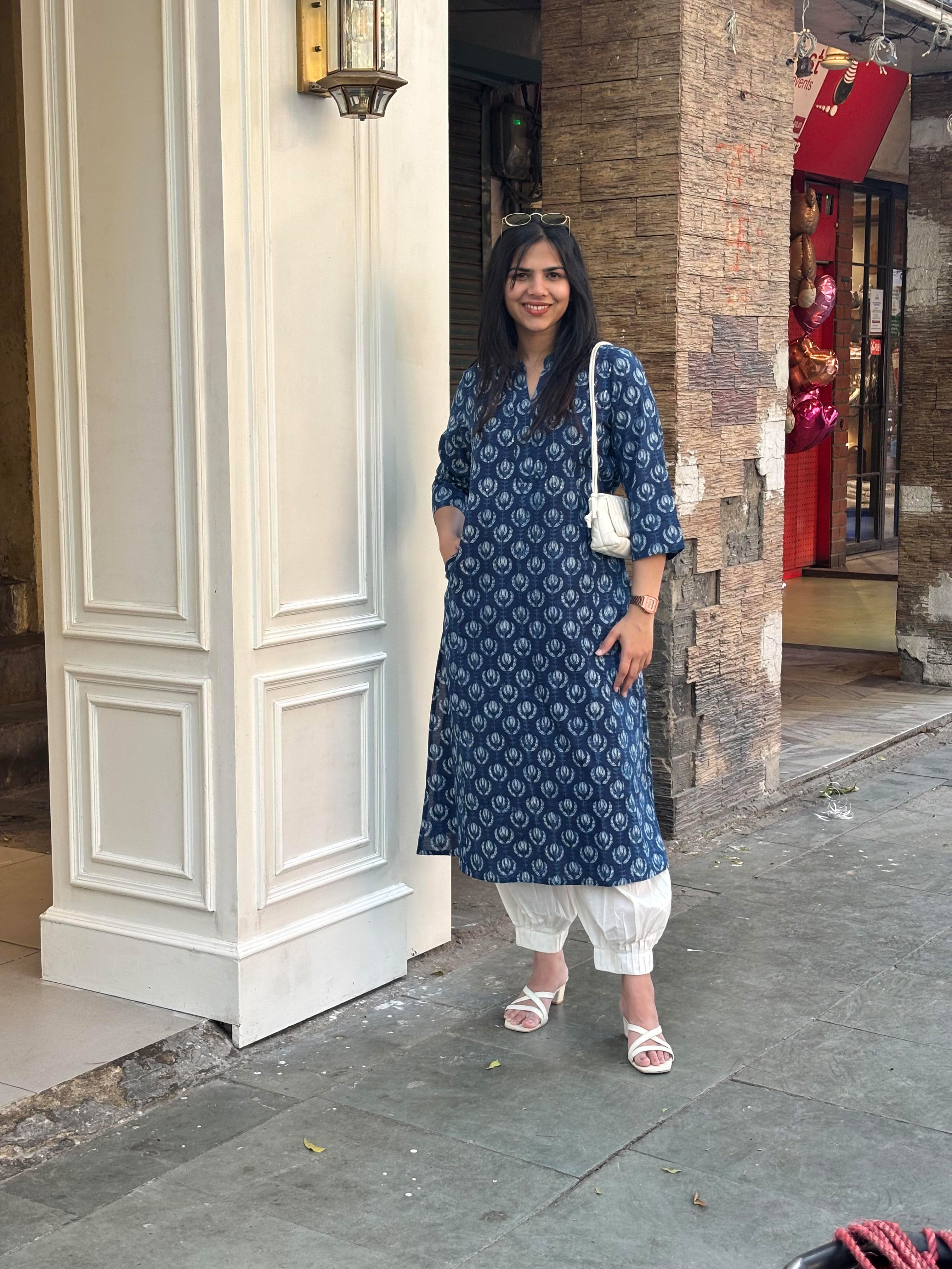 Jinal Indigo Hand Block Print Cotton Straight Kurta