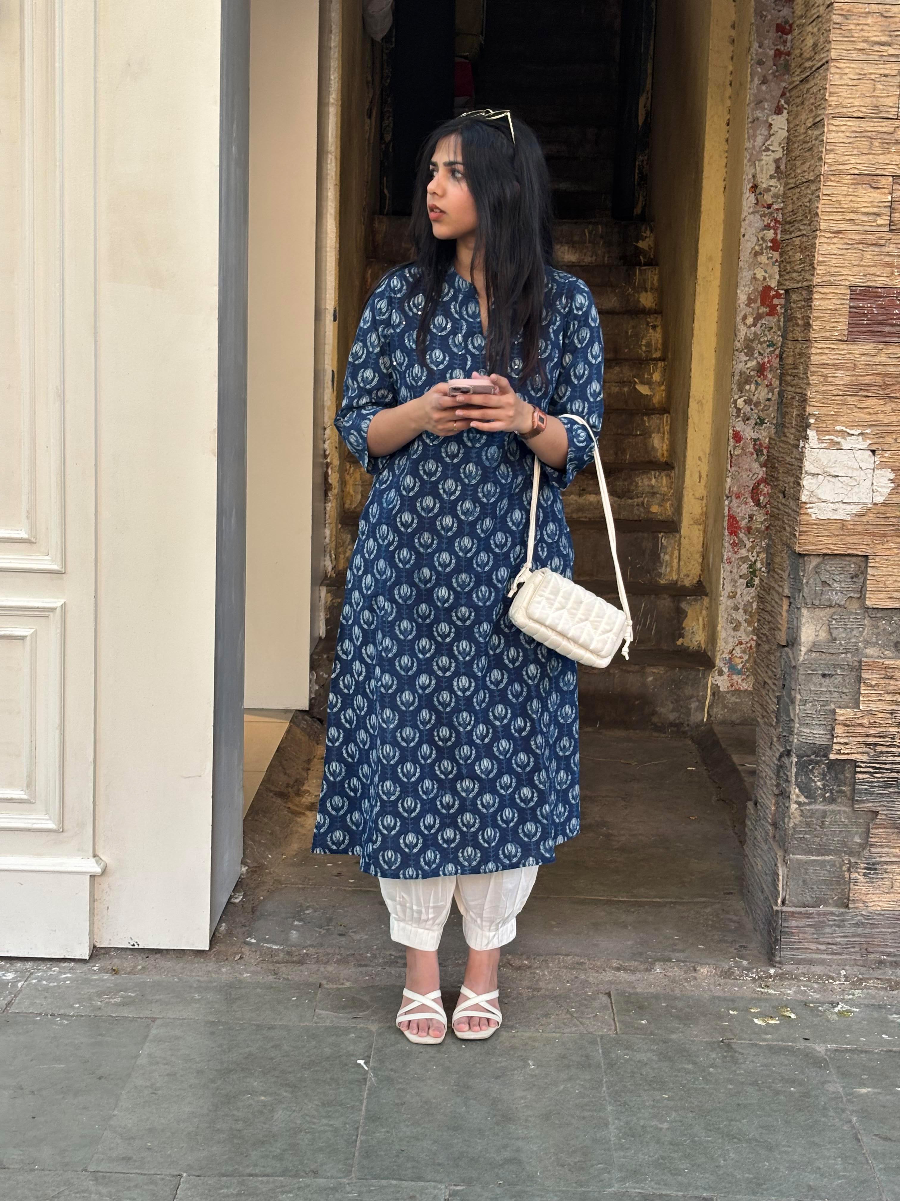 Jinal Indigo Hand Block Print Cotton Straight Kurta