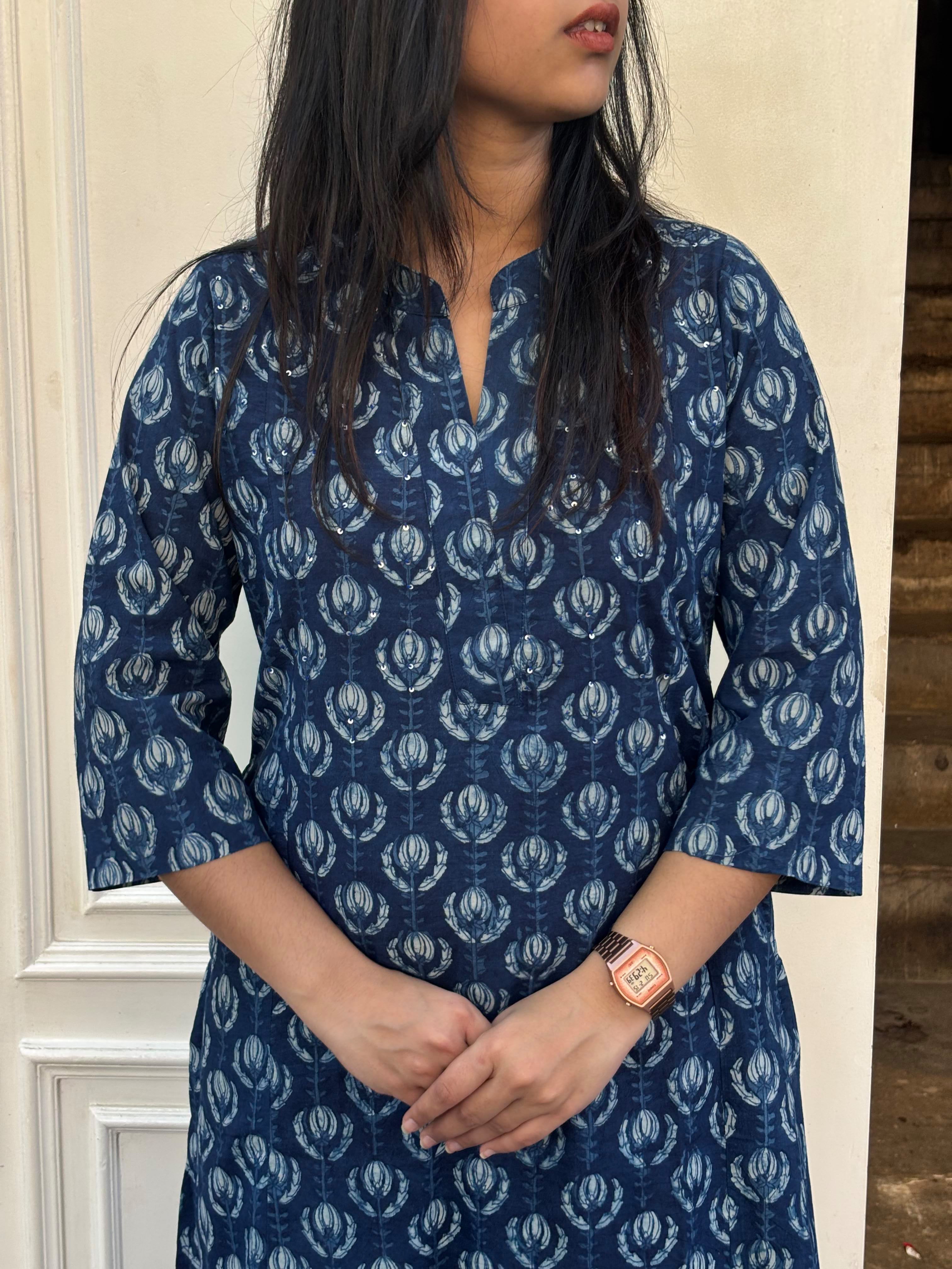 Jinal Indigo Hand Block Print Cotton Straight Kurta