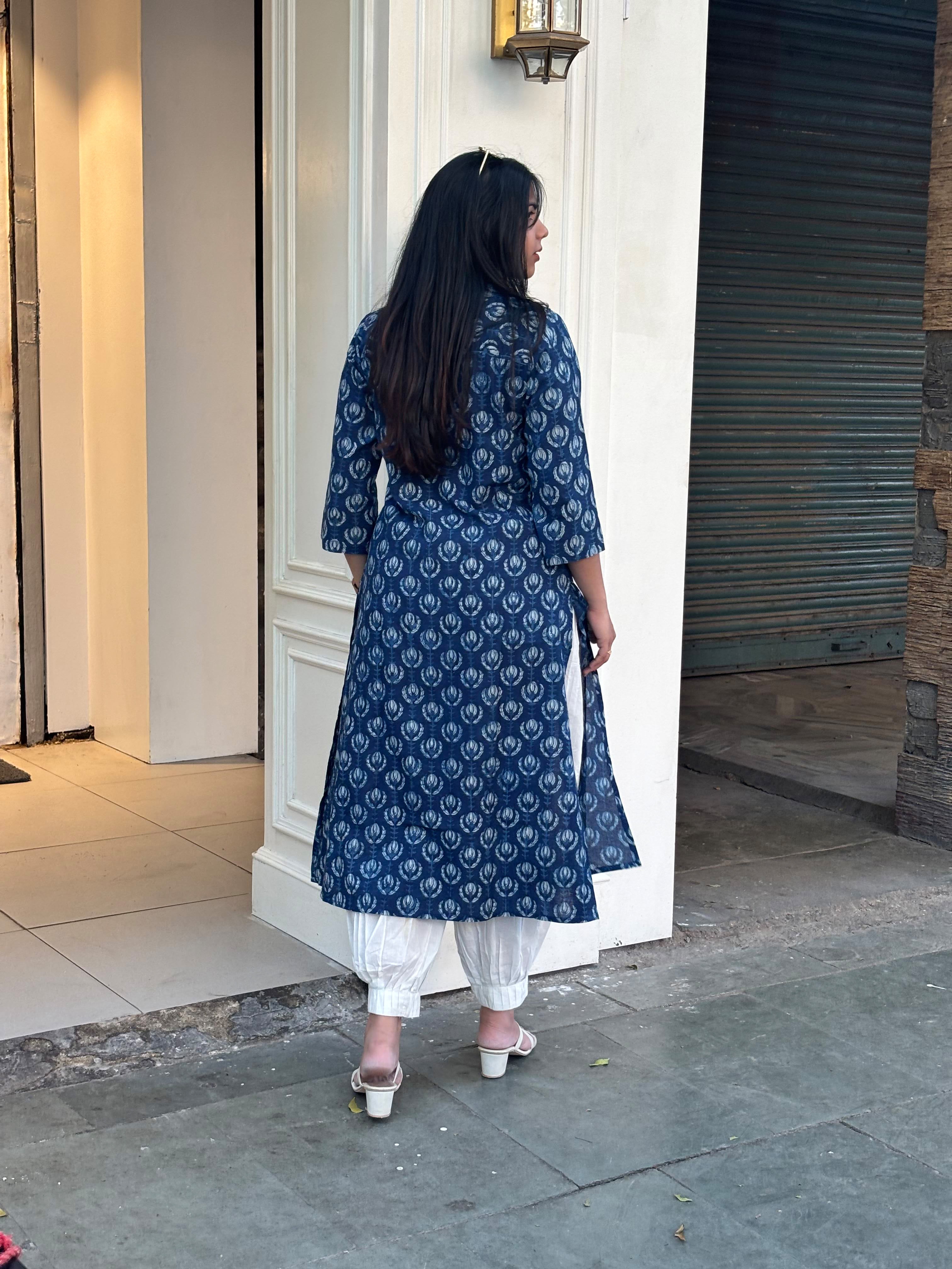 Jinal Indigo Hand Block Print Cotton Straight Kurta