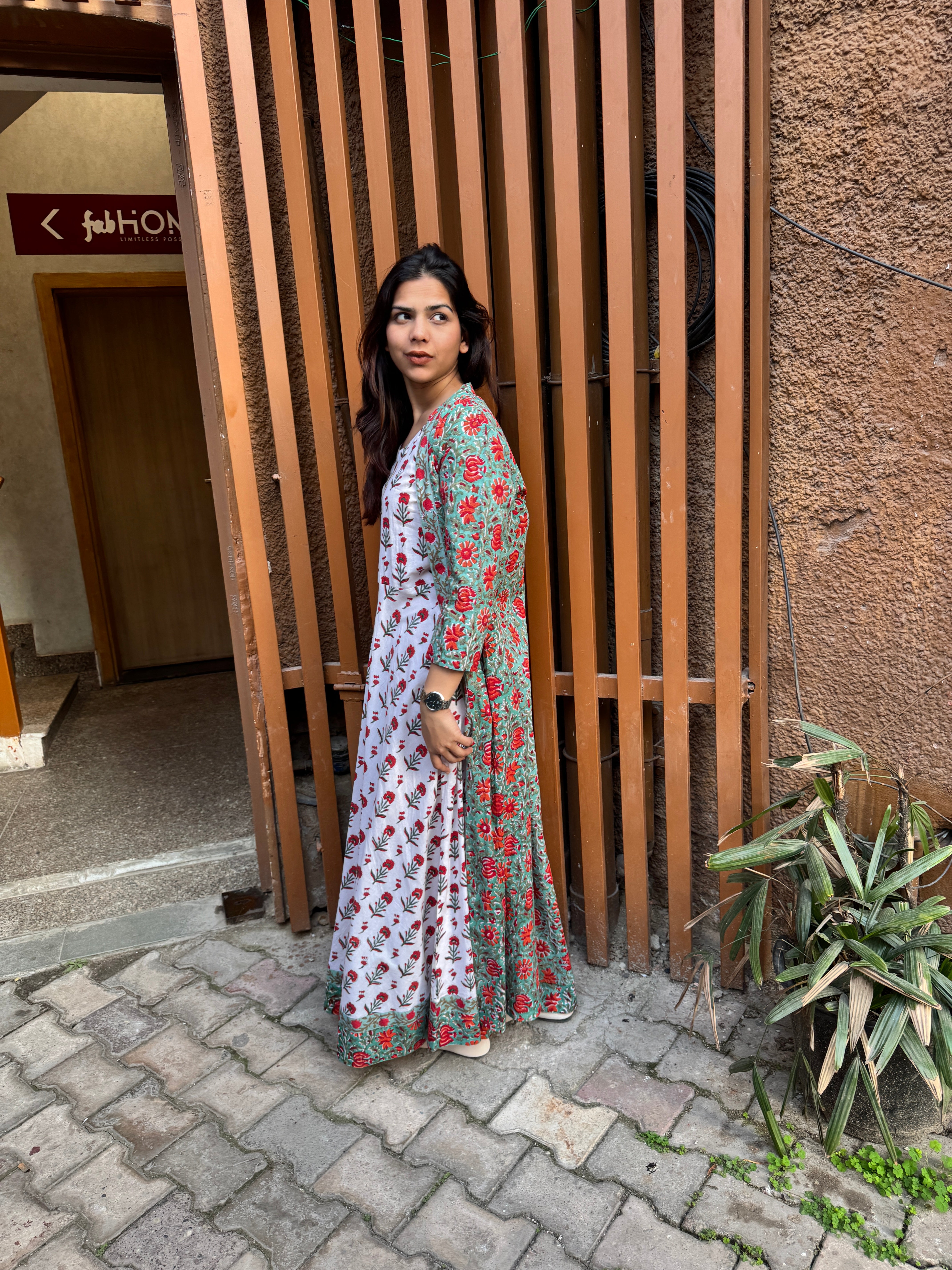 Adhira Hand Block Print Cotton Long Double Layer Dress