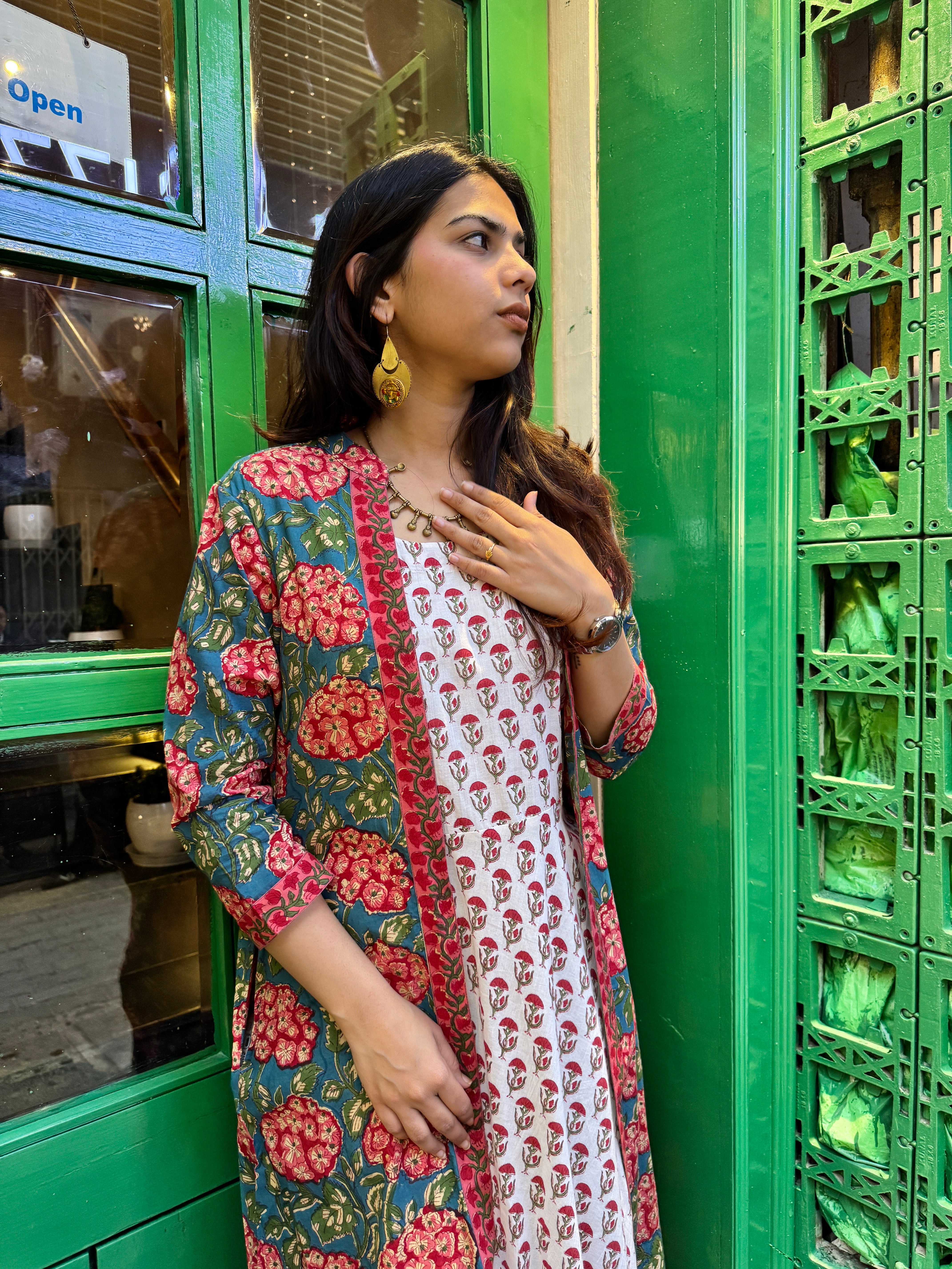 Vanika Hand Block Print Cotton Long Double Layer Dress