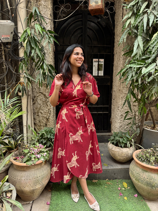 Vahini  Hand Block Print Cotton Poplin Wrap Around Dress