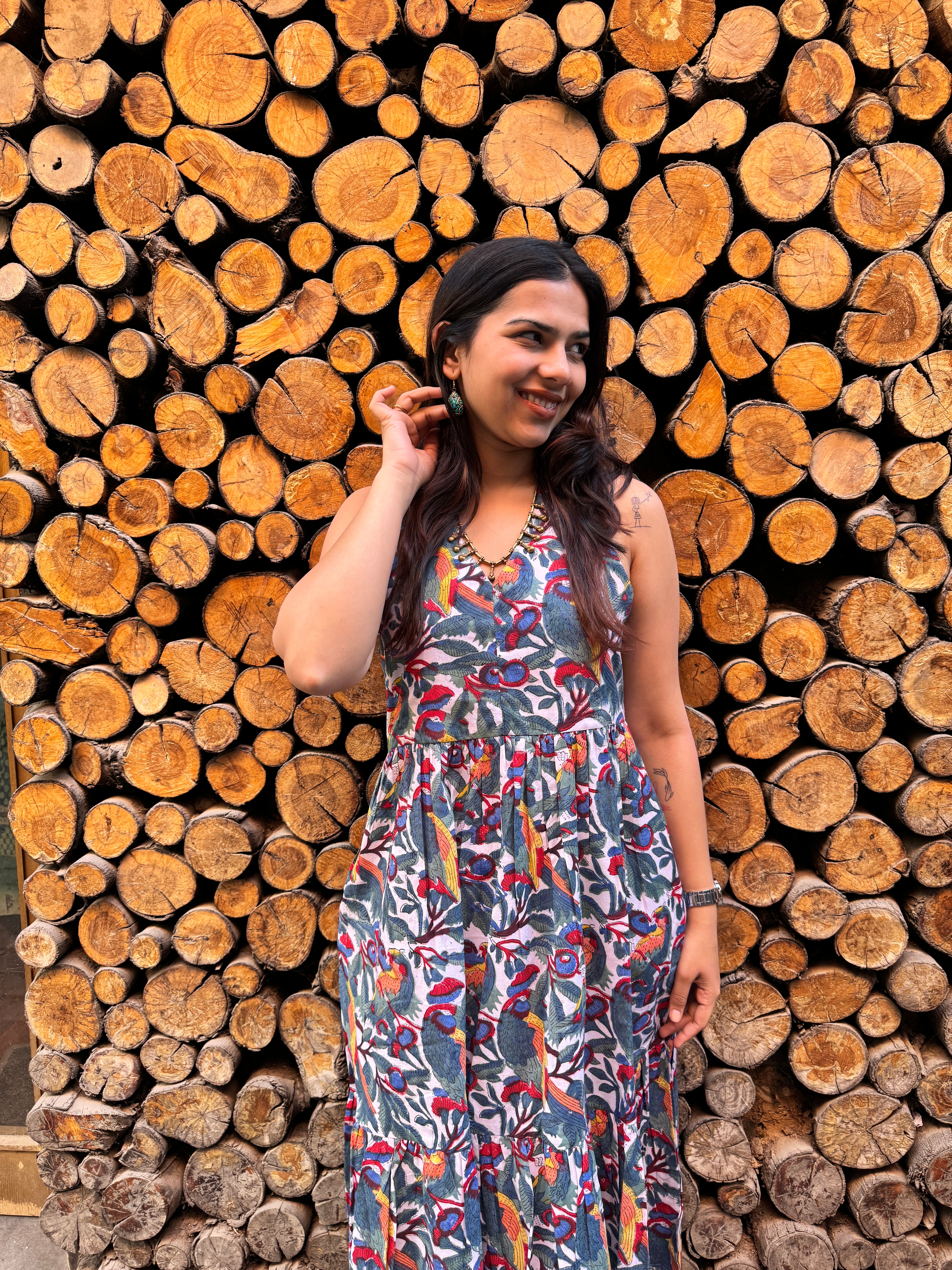 Tota Maina Hand Block Print Cotton Halter Neck Dress